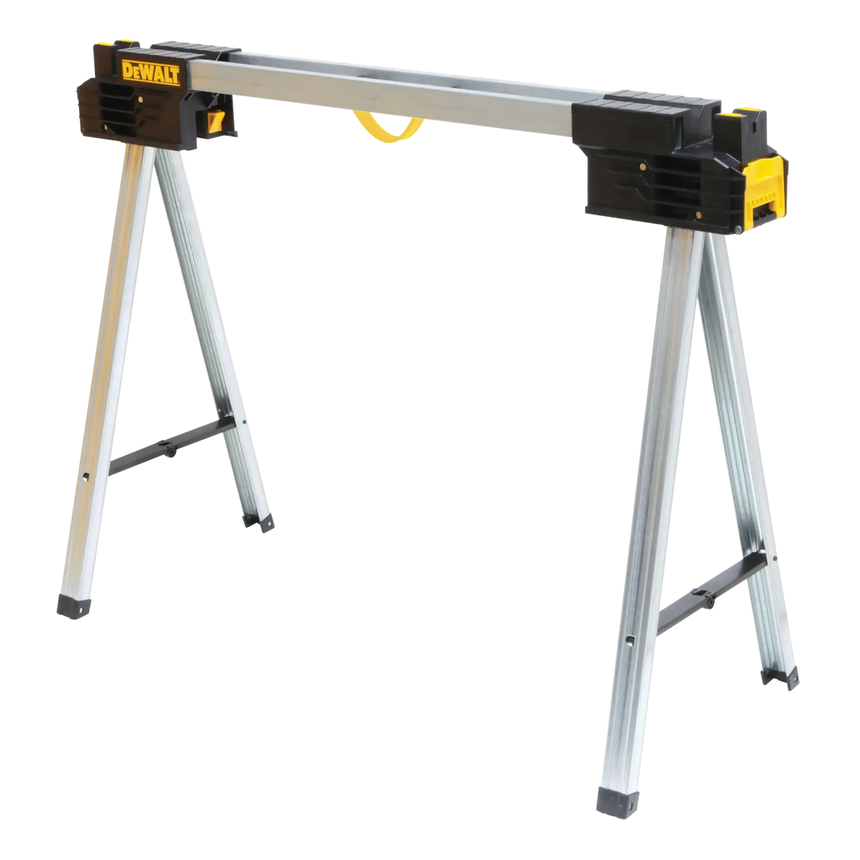 A DEWALT portable metal sawhorse with folding legs and a yellow handle, designed for supporting materials during cutting or construction tasks.