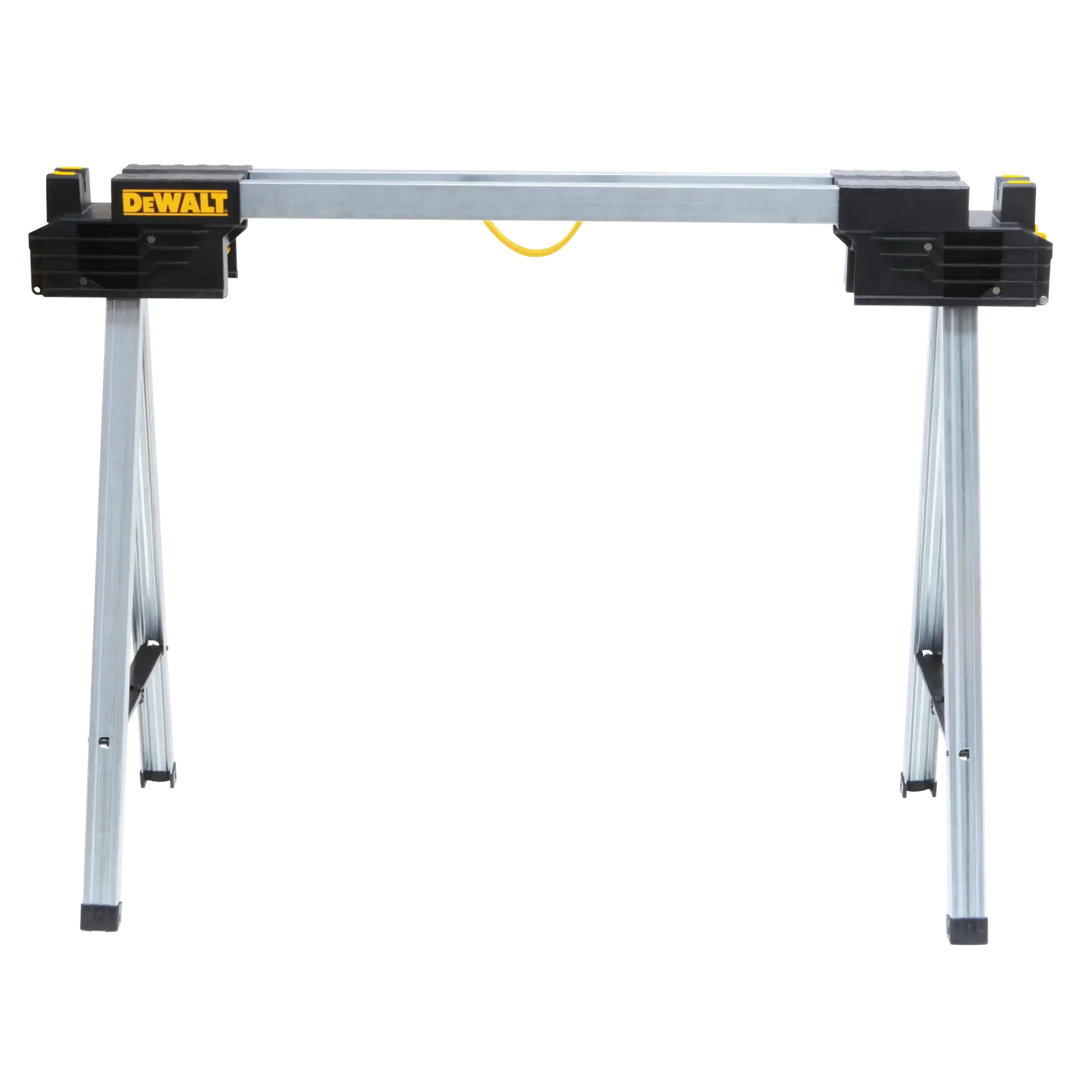 A DEWALT metal sawhorse with foldable legs, used as a support platform for cutting materials or as a work surface. The sawhorse features a central handle and robust construction.