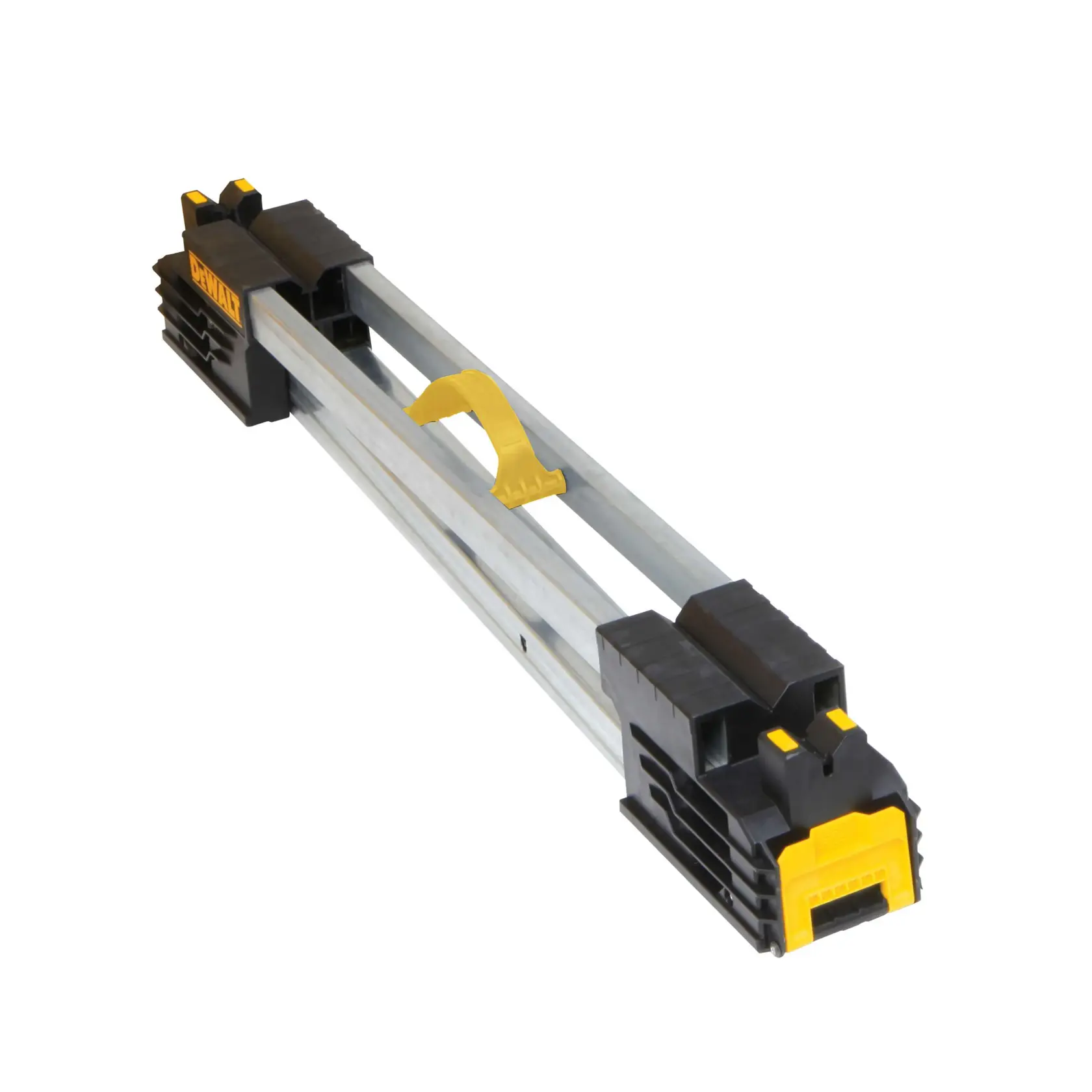 A DEWALT-branded portable metal tripod with black and yellow plastic ends and a yellow handle, designed for supporting photography equipment.