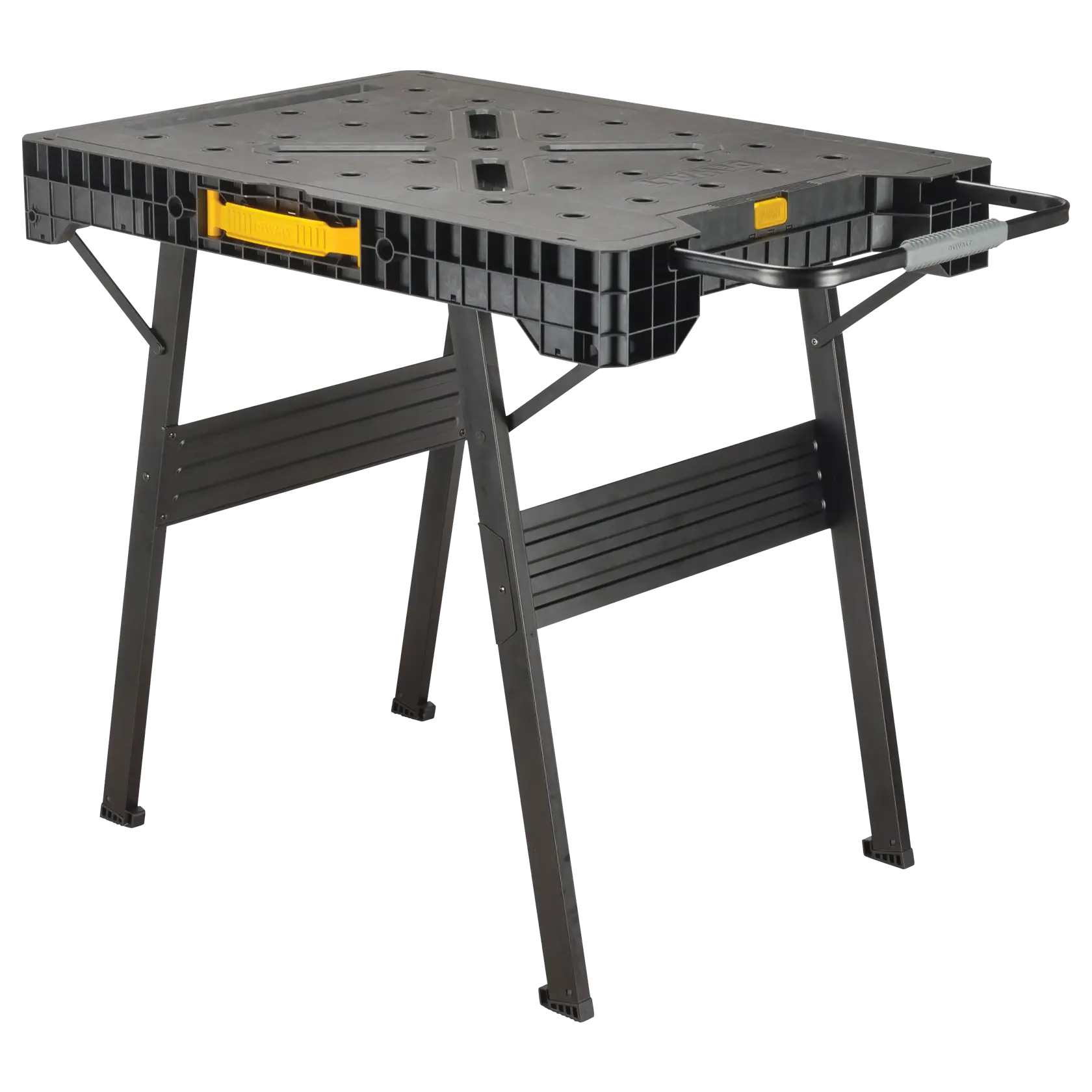 A DEWALT portable workbench with a black plastic top, yellow accents, and sturdy folding metal legs.