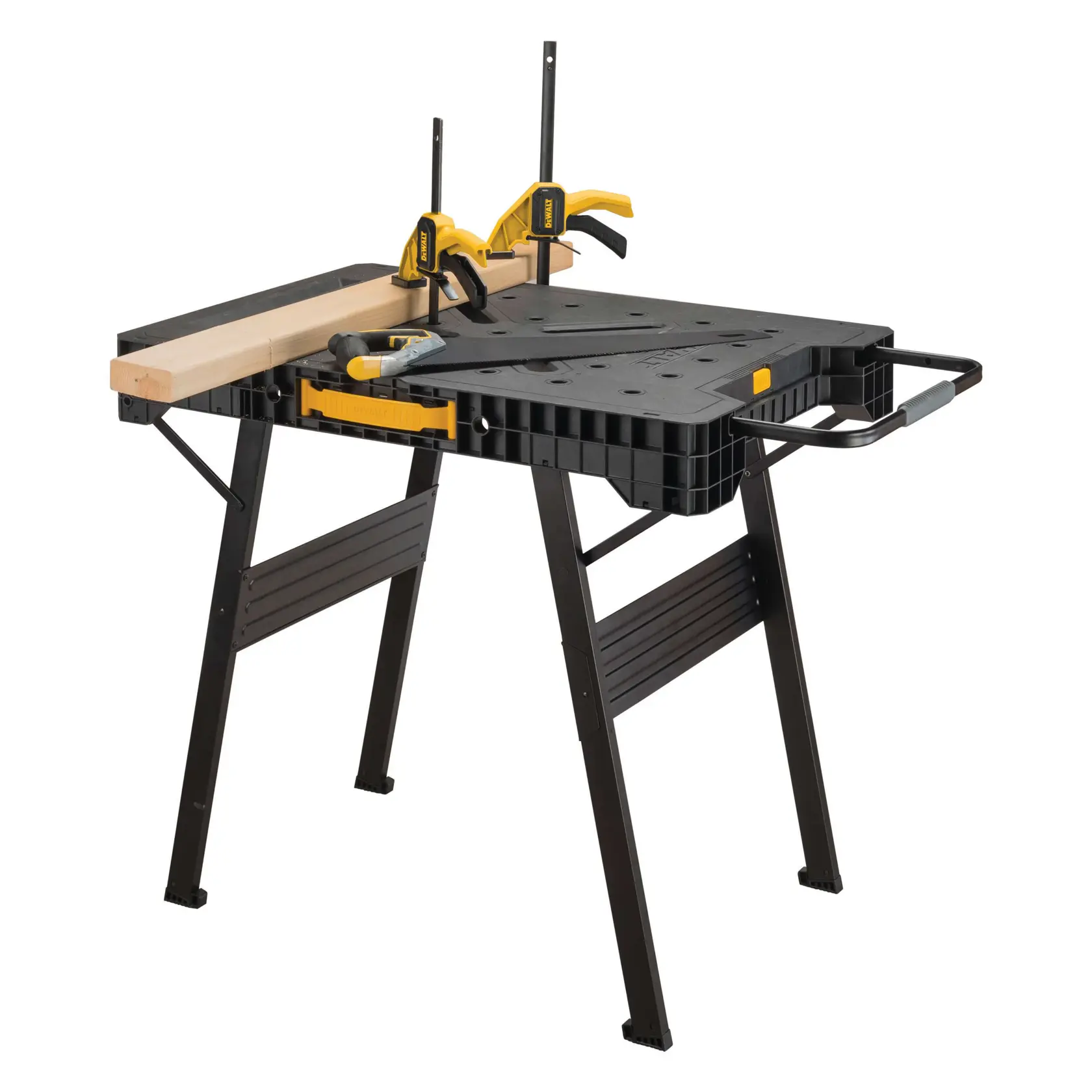 A DEWALT portable workbench with folding black legs, a robust black work surface, and yellow clamps holding a piece of wood in place. A saw and screwdriver are placed on top of the workbench.