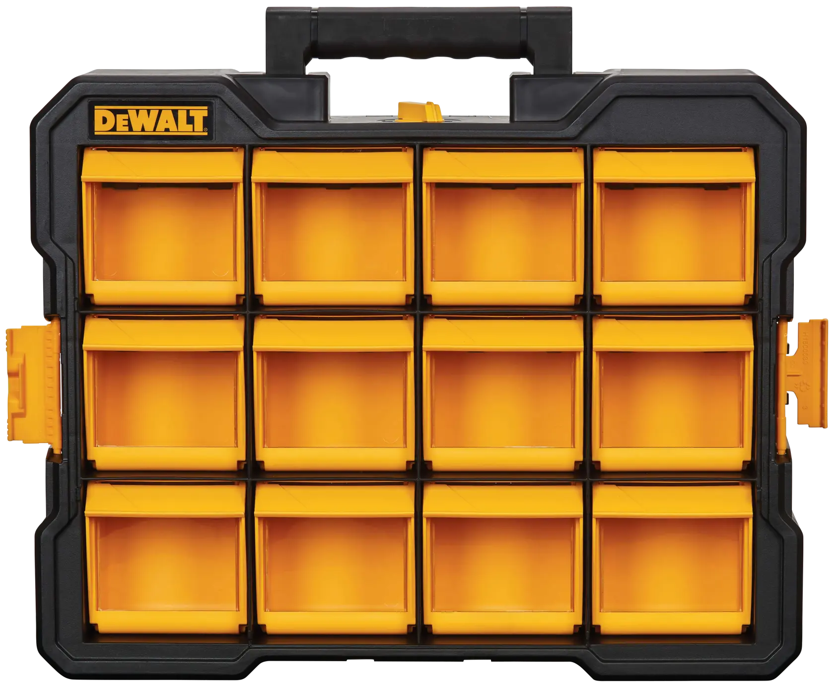 A DEWALT plastic organizer case with a black frame and handle, featuring twelve yellow drawers for storage.