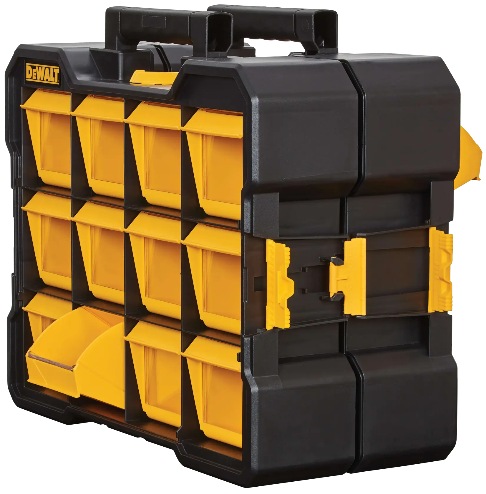 A DEWALT portable organizer box with multiple yellow removable bins, designed for storing and organizing small tools or parts. The organizer has a black frame, a handle for carrying, and secure side latches.