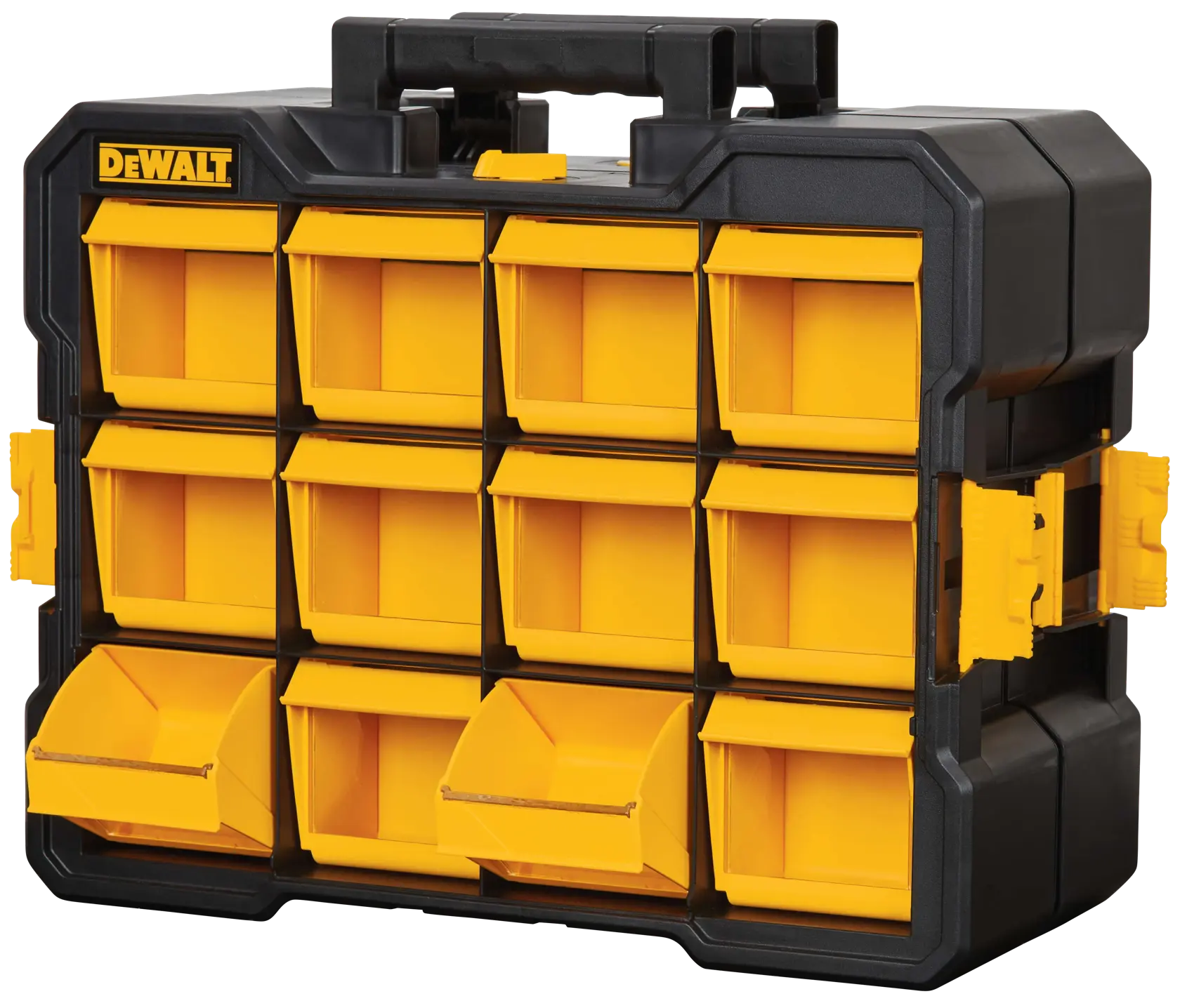 A DEWALT-branded portable organizer with a black frame and twelve bright yellow removable bins, suitable for storing small tools or hardware. The organizer features a handle on top for easy carrying and secure side latches.