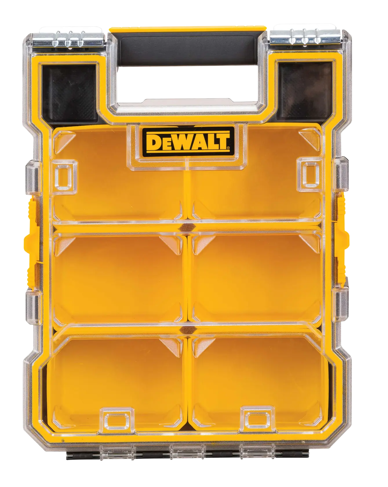 A DEWALT yellow and black plastic organizer box with a handle, featuring eight compartments and a clear lid for storing small items.