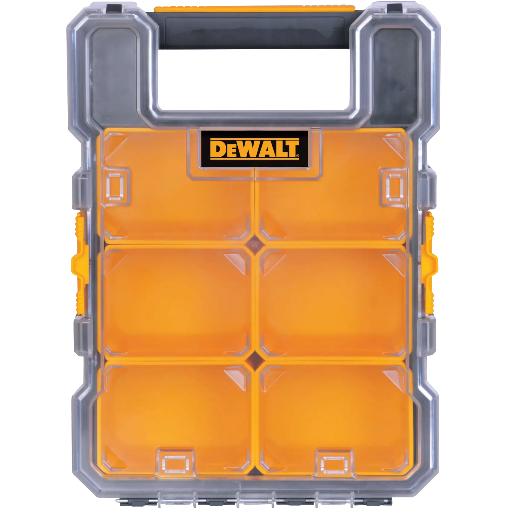 A yellow and gray DEWALT portable storage organizer with a clear lid, featuring six compartments for small parts or tools. The DEWALT logo is visible on the front.