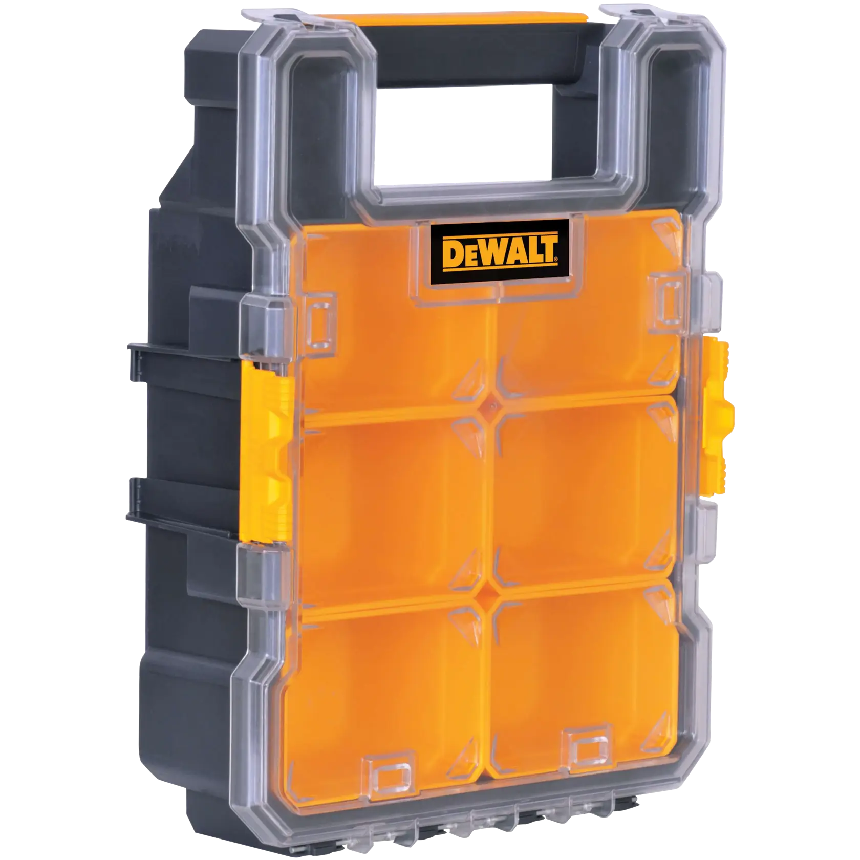 A DEWALT branded yellow and black plastic storage organizer with eight compartments and a clear lid, designed for holding small tools or hardware.