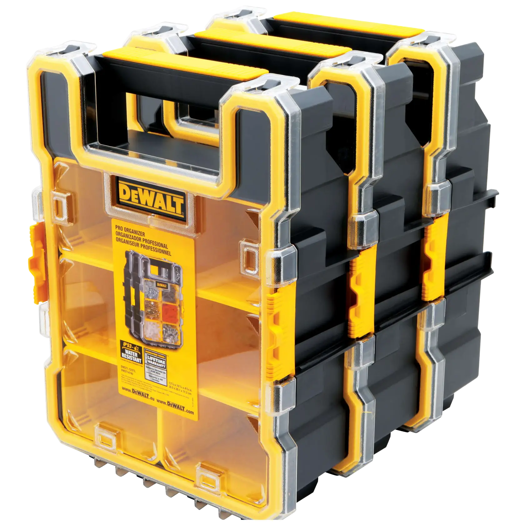 A DEWALT professional organizer case with three stackable compartments, featuring a transparent lid, yellow accents, and a black body. The organizer is designed for storing and sorting small tools and hardware.
