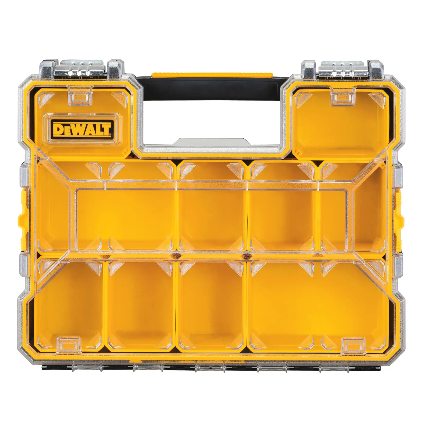 DEWALT yellow plastic organizer case with clear lid and multiple compartments for storage.