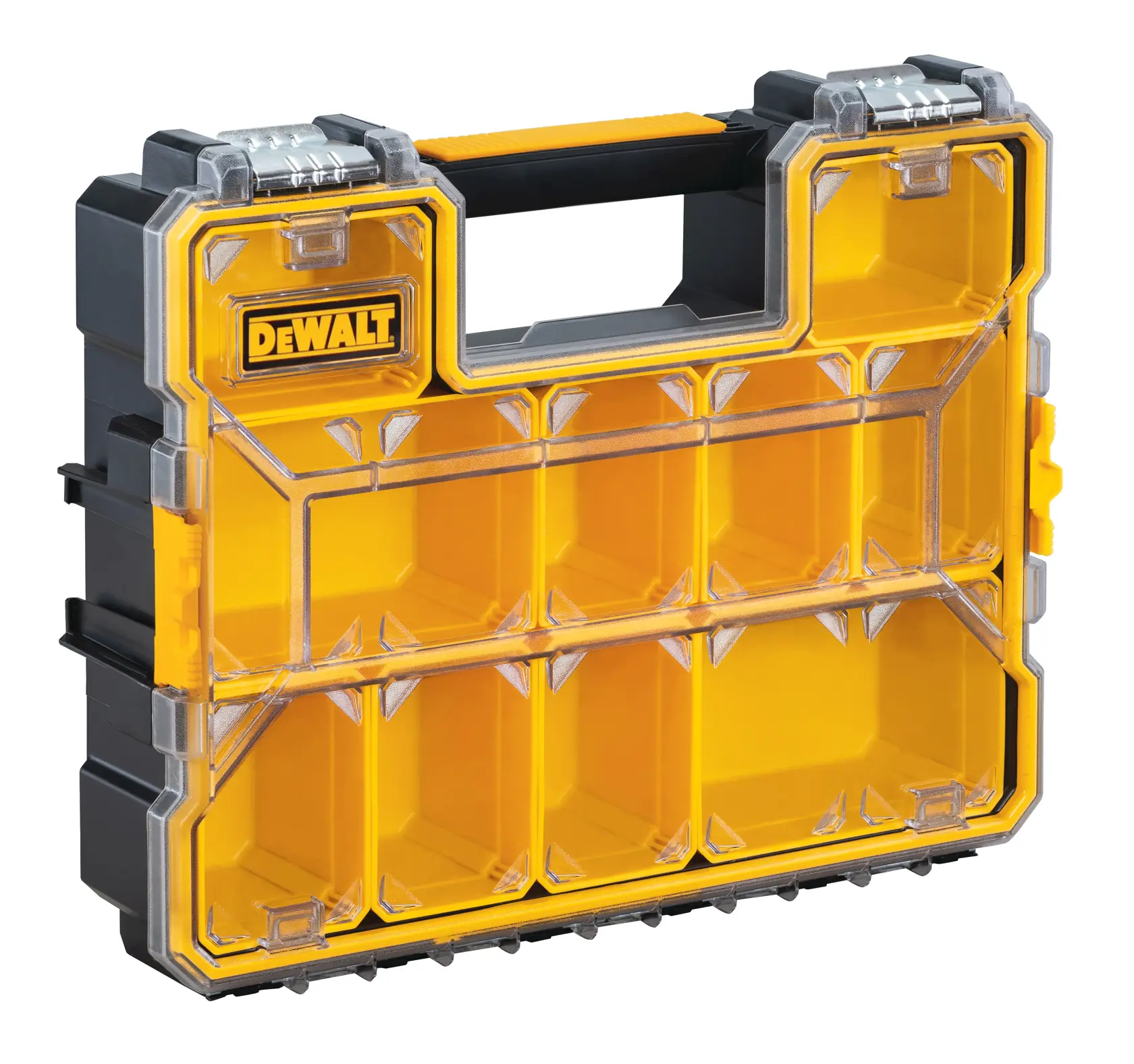 A DEWALT yellow and black plastic organizer case with a transparent lid and several compartments. It has a handle for easy carrying and two metal latches for secure closure.