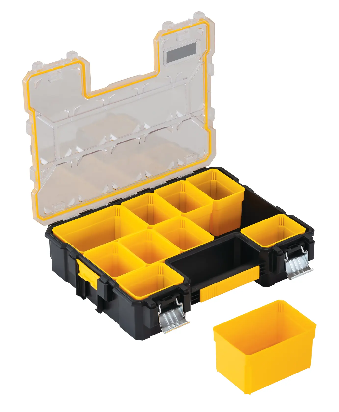 A DEWALT organizer box with a transparent lid, black base, and multiple removable yellow compartments. One yellow compartment is placed outside the box.