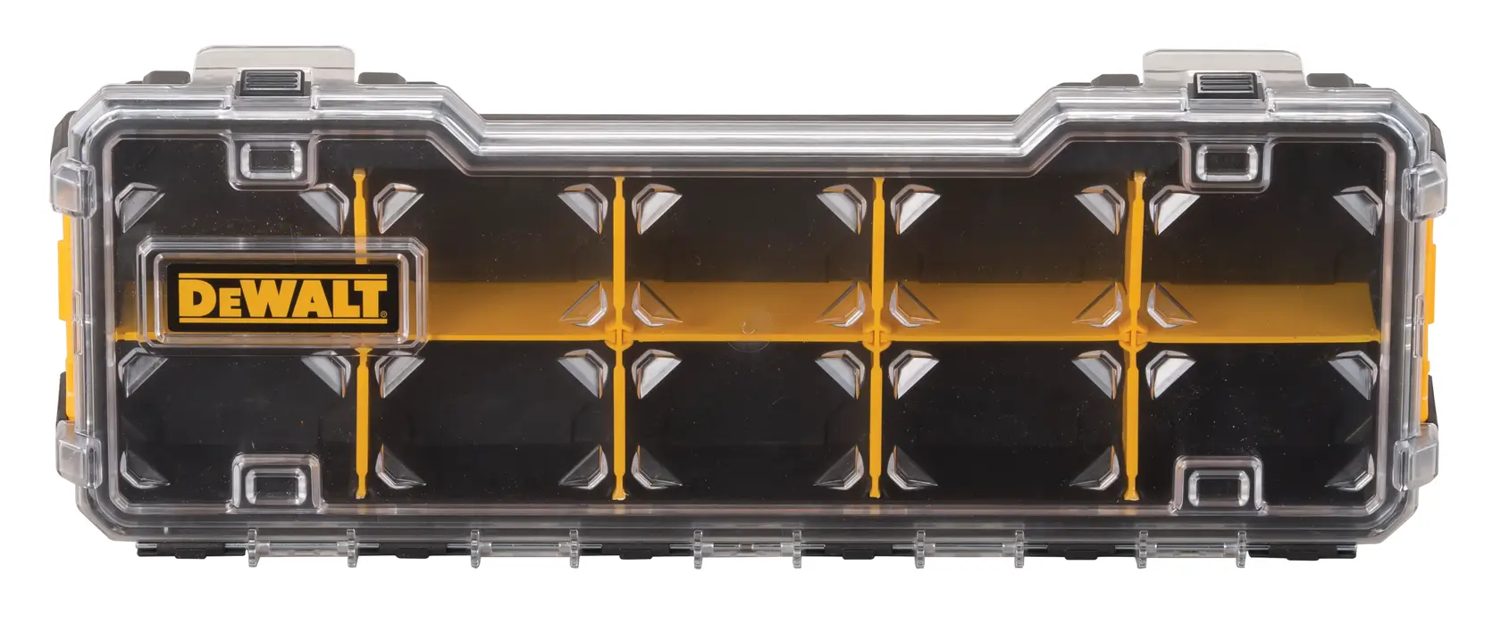 Rectangular DEWALT organizer case with a transparent lid, black and yellow compartments, designed for storing small hardware or accessories.