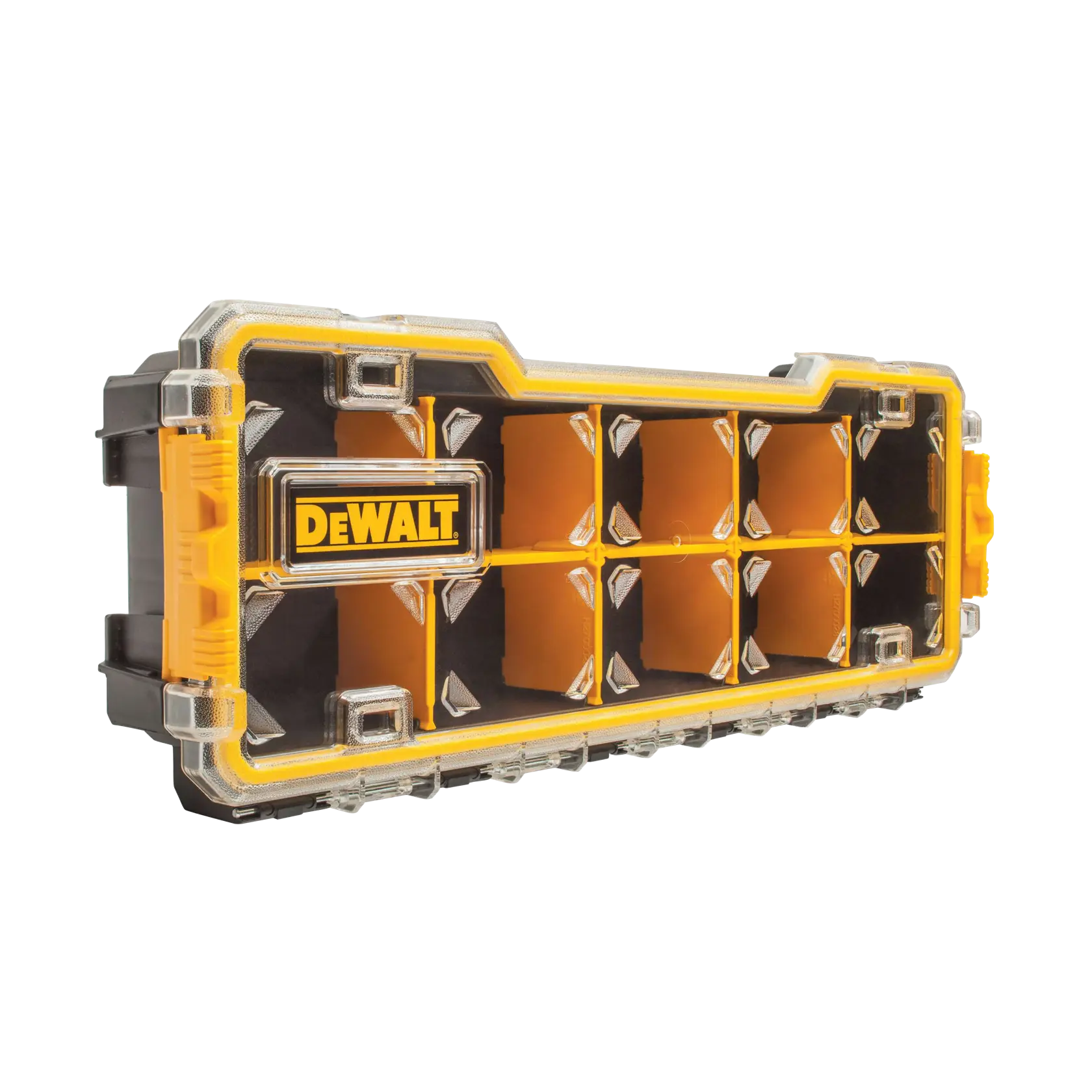 A DEWALT branded yellow and black plastic organizer case with a transparent lid, featuring multiple compartments for storing small items.