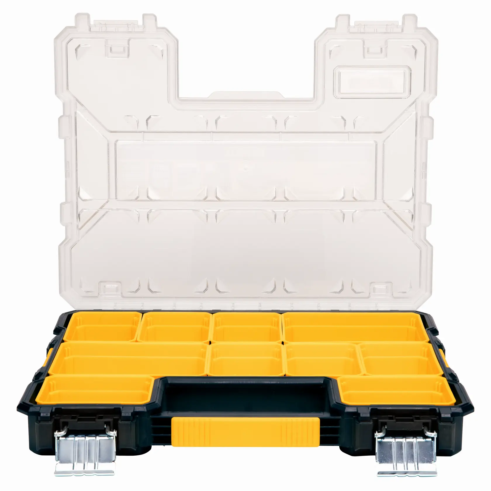 A DEWALT plastic organizer with a transparent lid, featuring multiple yellow compartments for storing small items. The organizer has metal latches and a yellow handle.