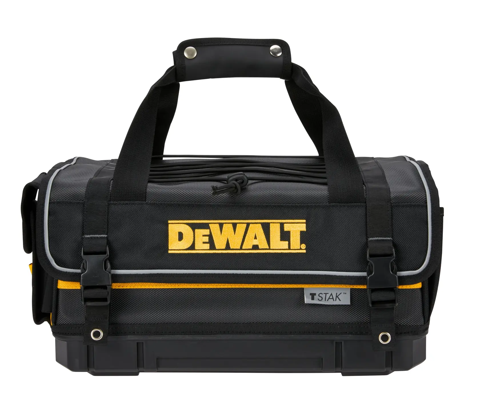 A black and yellow DEWALT tool bag with a handle on top, featuring the DEWALT brand name on the front and TSTAK label. The bag is rectangular and has buckle closures and reinforced corners.