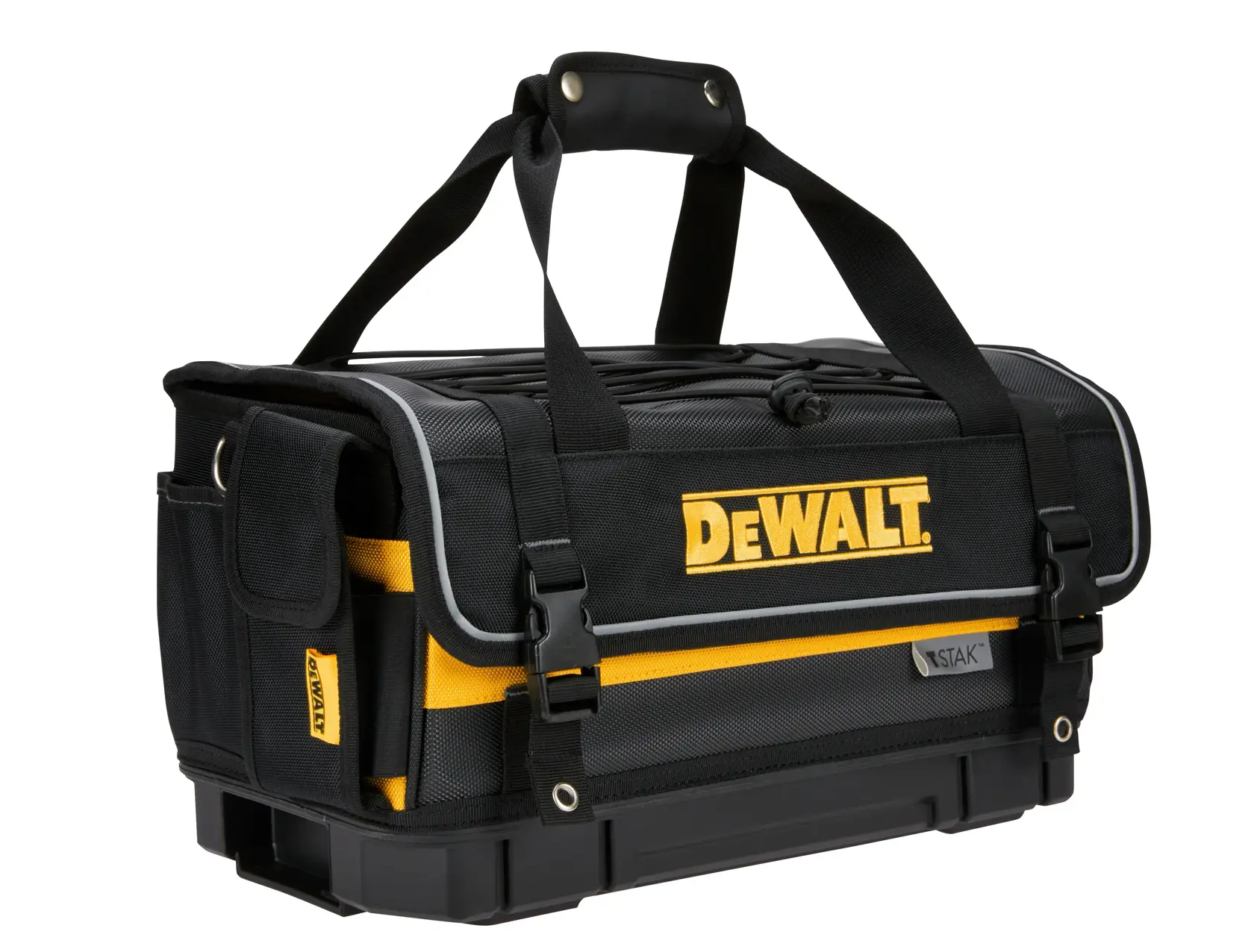 A DEWALT branded black and yellow tool bag with sturdy handles, side pockets, and durable base. The bag is designed for carrying and organizing tools.