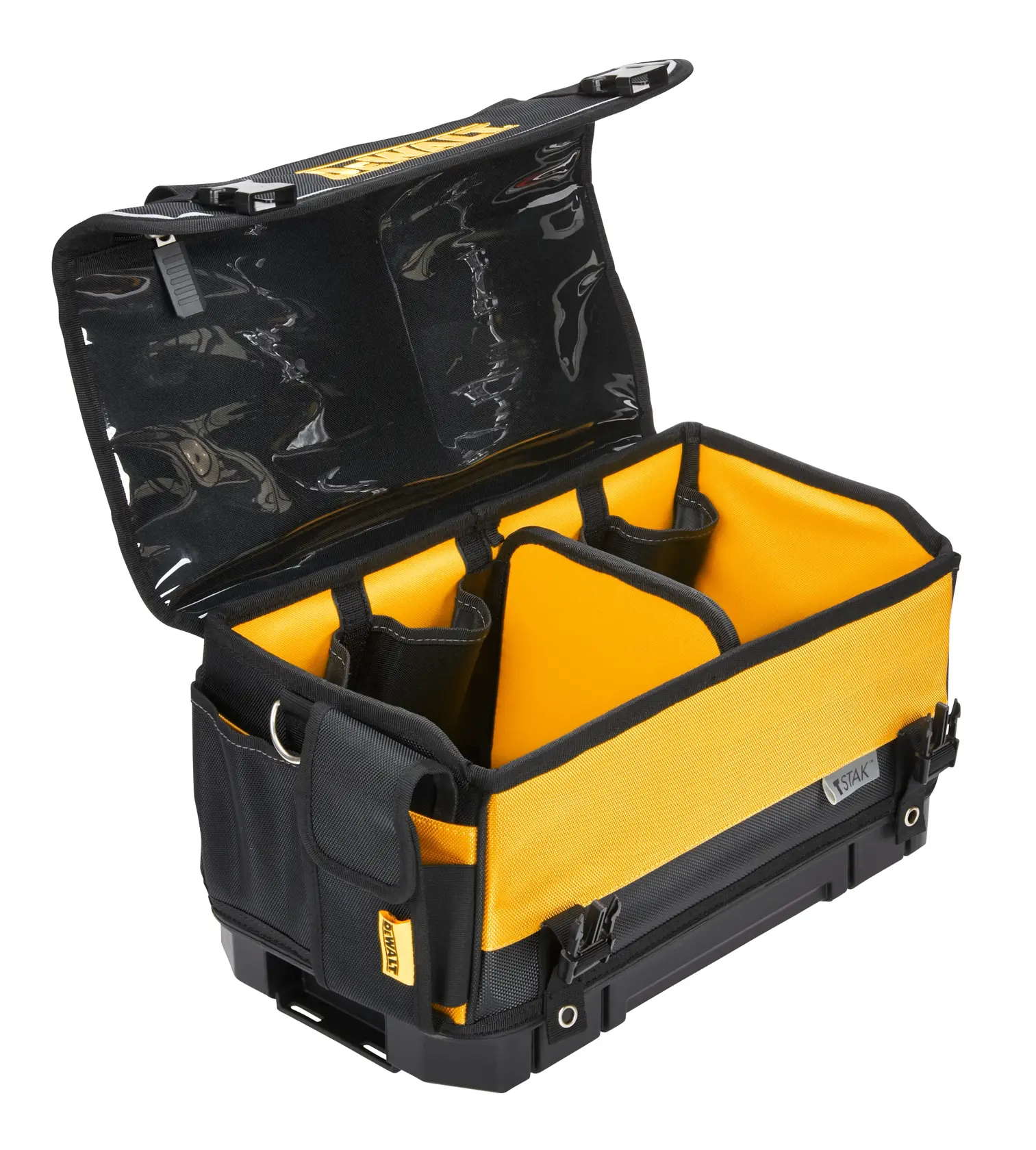 A DEWALT-branded tool bag with a black and yellow design, shown open to reveal various interior compartments and pockets. The lid is lifted up, displaying clear plastic pockets inside. The bag is structured and has side handles and clips.