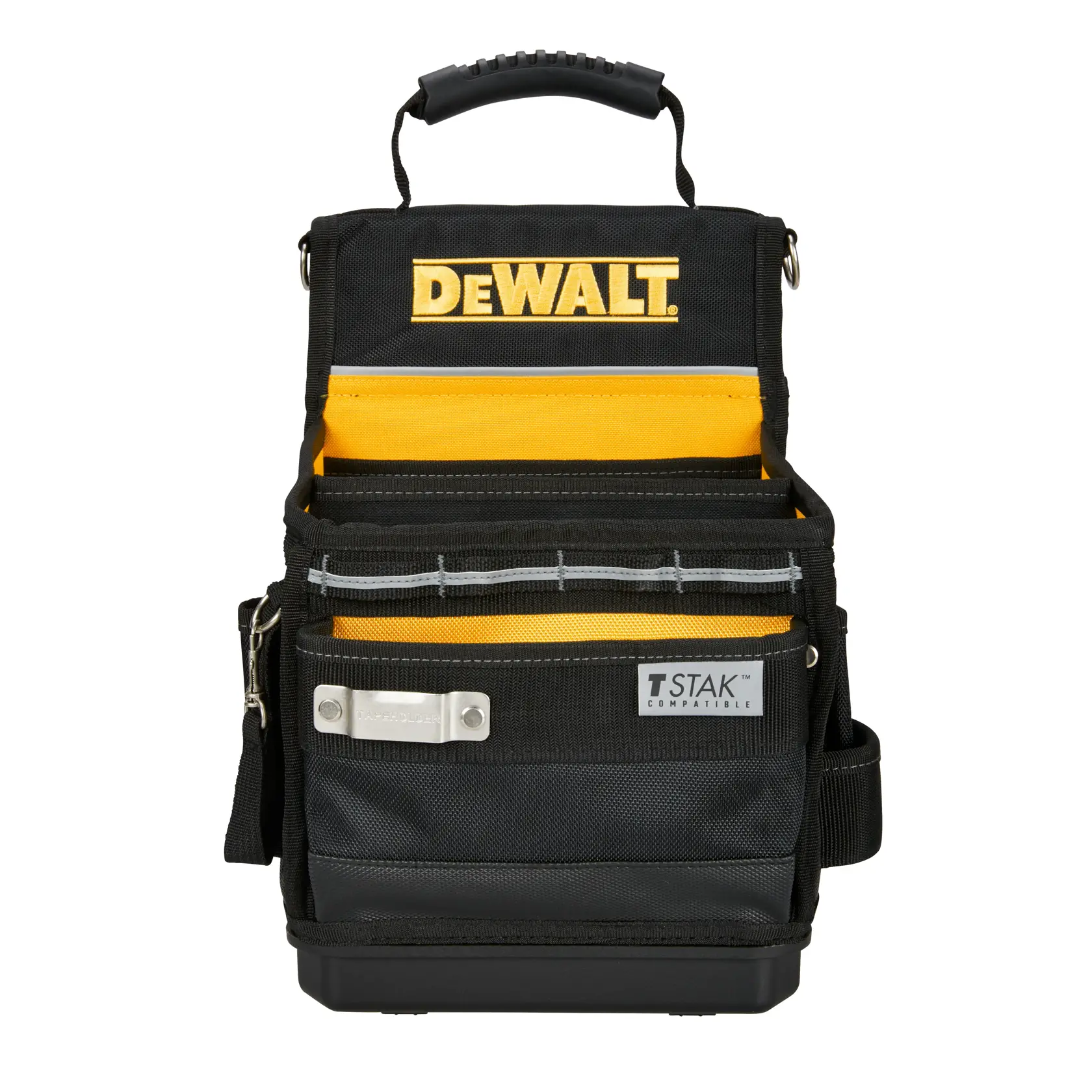 Front view of a DEWALT branded tool bag in black and yellow, featuring a sturdy handle on top, multiple pockets for organizing tools, and a TSTAK Compatible label on the front.