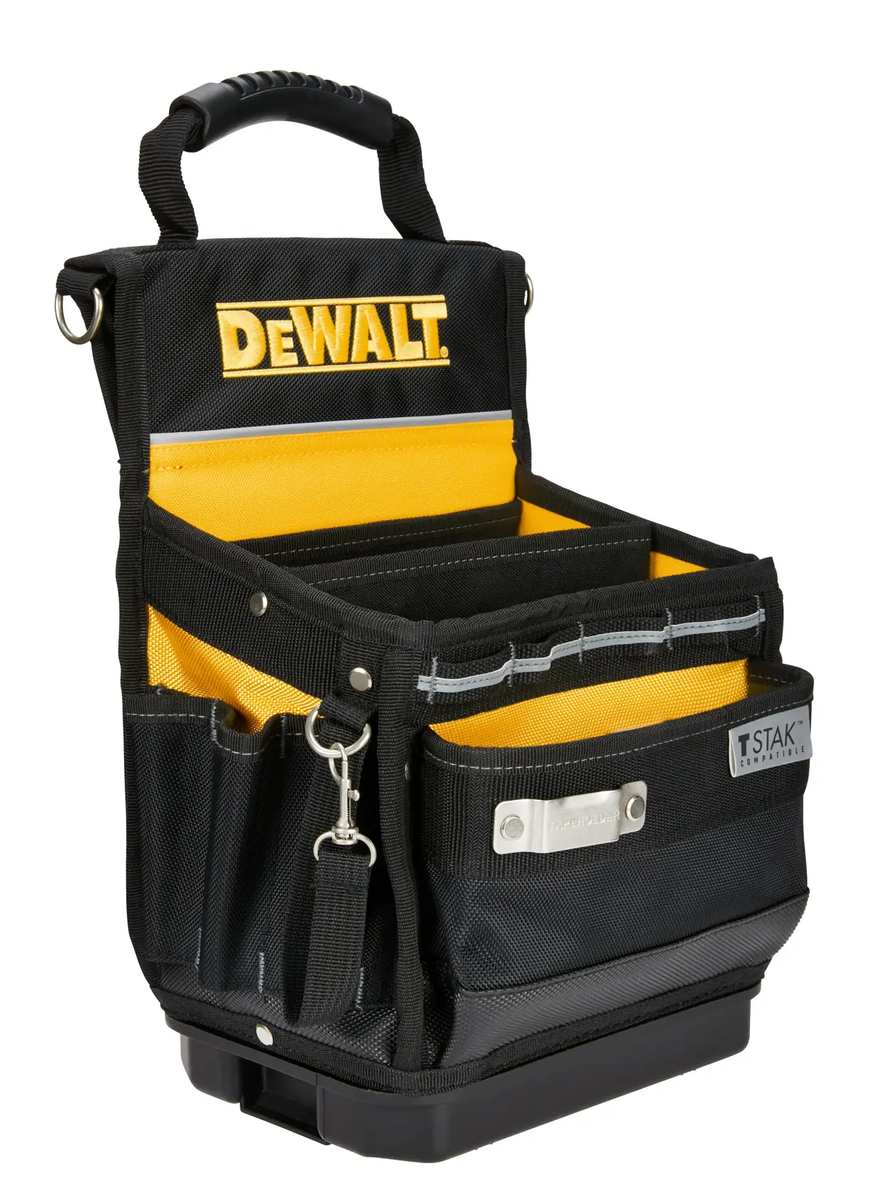 A DEWALT TSTAK open-top tool organizer bag with a black and yellow color scheme, multiple compartments, pockets, and a sturdy handle.