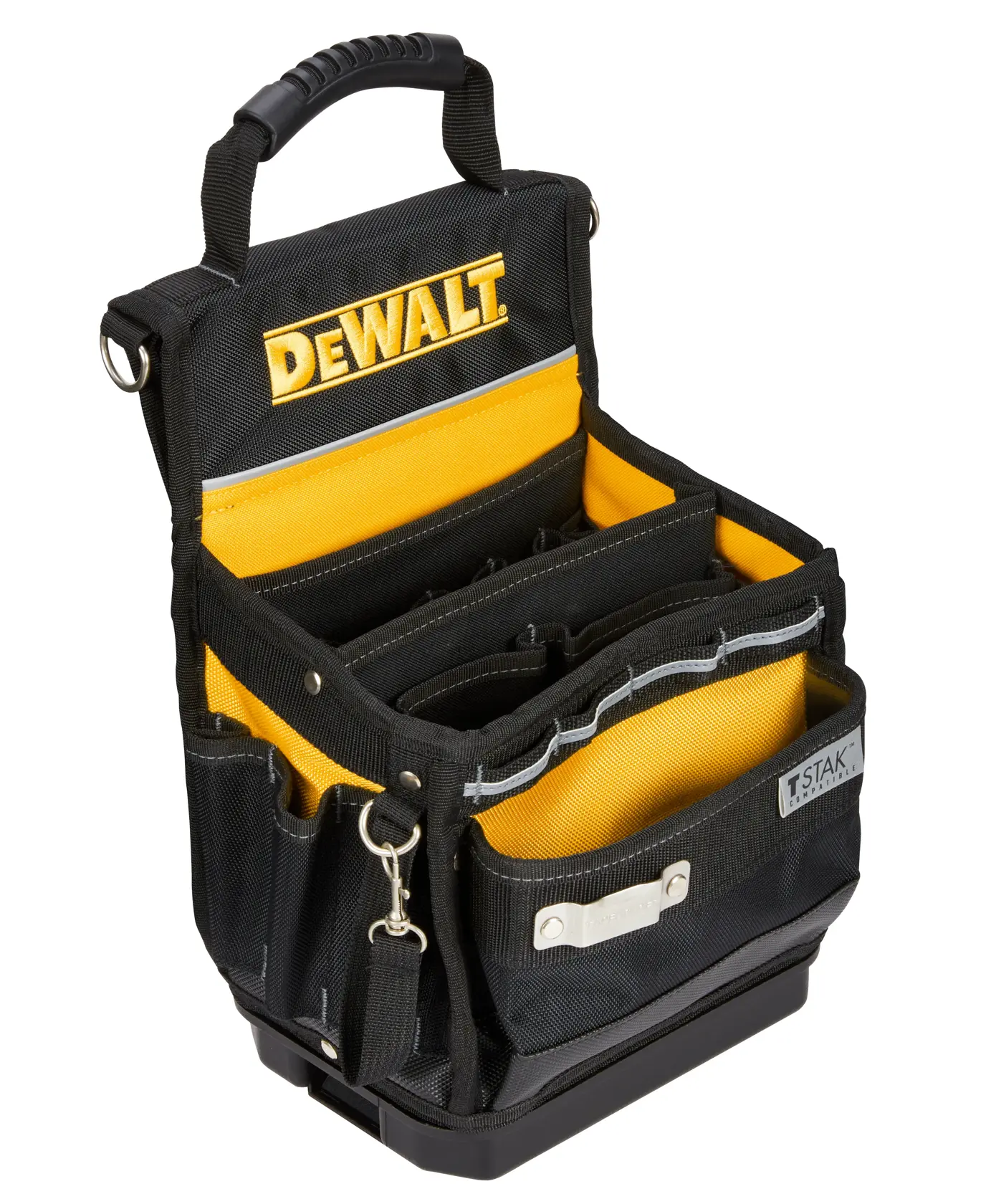 Portable black and yellow DEWALT tool bag with multiple compartments, a sturdy handle, several exterior and interior pockets, and the DEWALT logo on the front.