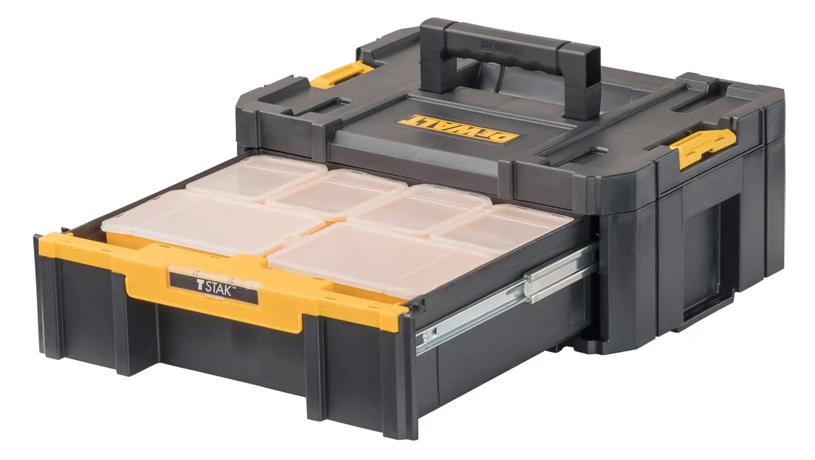 A DEWALT black and yellow storage organizer with a handle, featuring a pull-out drawer containing multiple transparent compartments, suitable for organizing small items and tools.