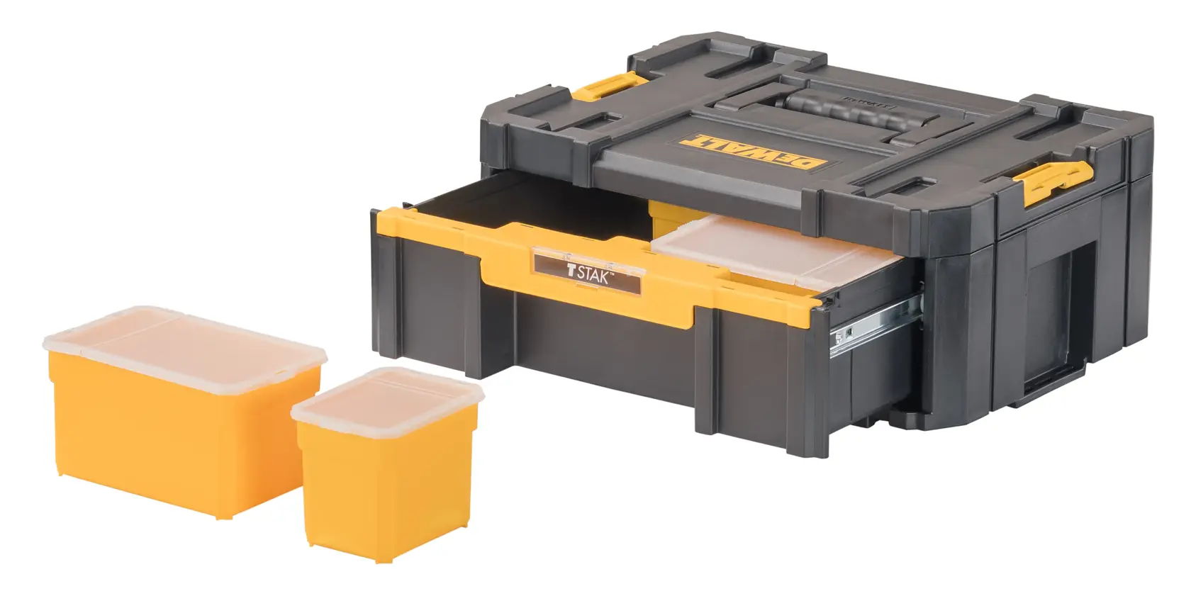 A DEWALT black and yellow tool storage box with a pull-out drawer, featuring two yellow storage containers with transparent lids placed beside it.