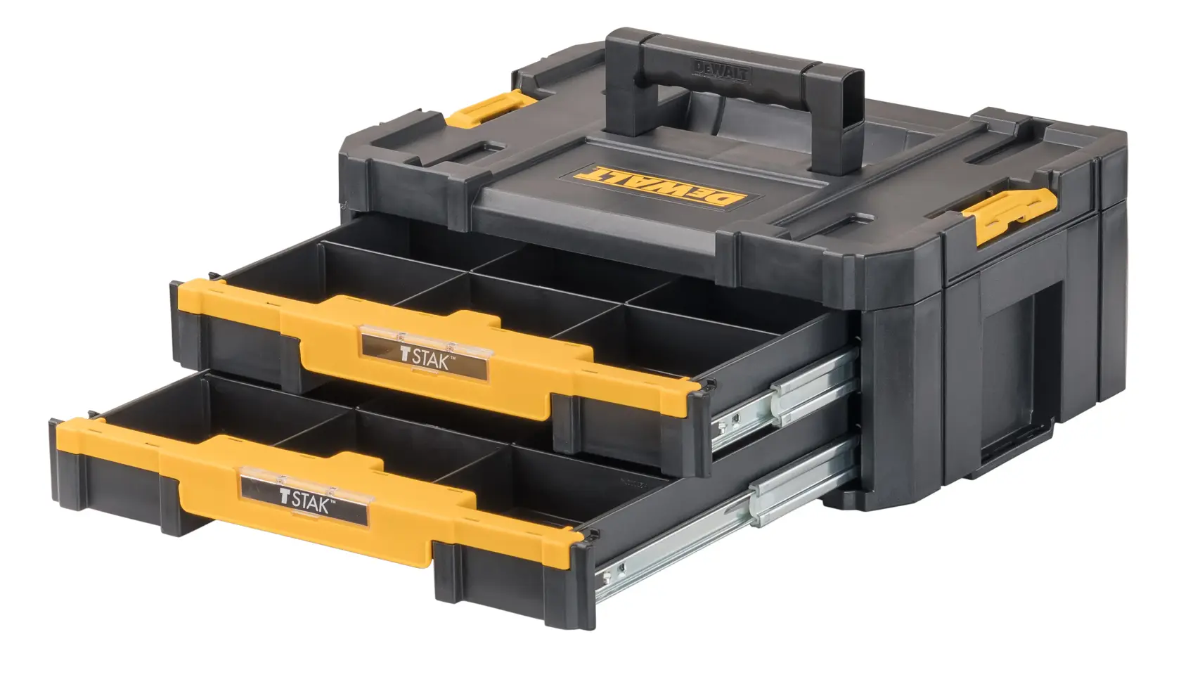 A black and yellow DEWALT tool storage organizer with two sliding drawers, each containing divided compartments for storing small items.