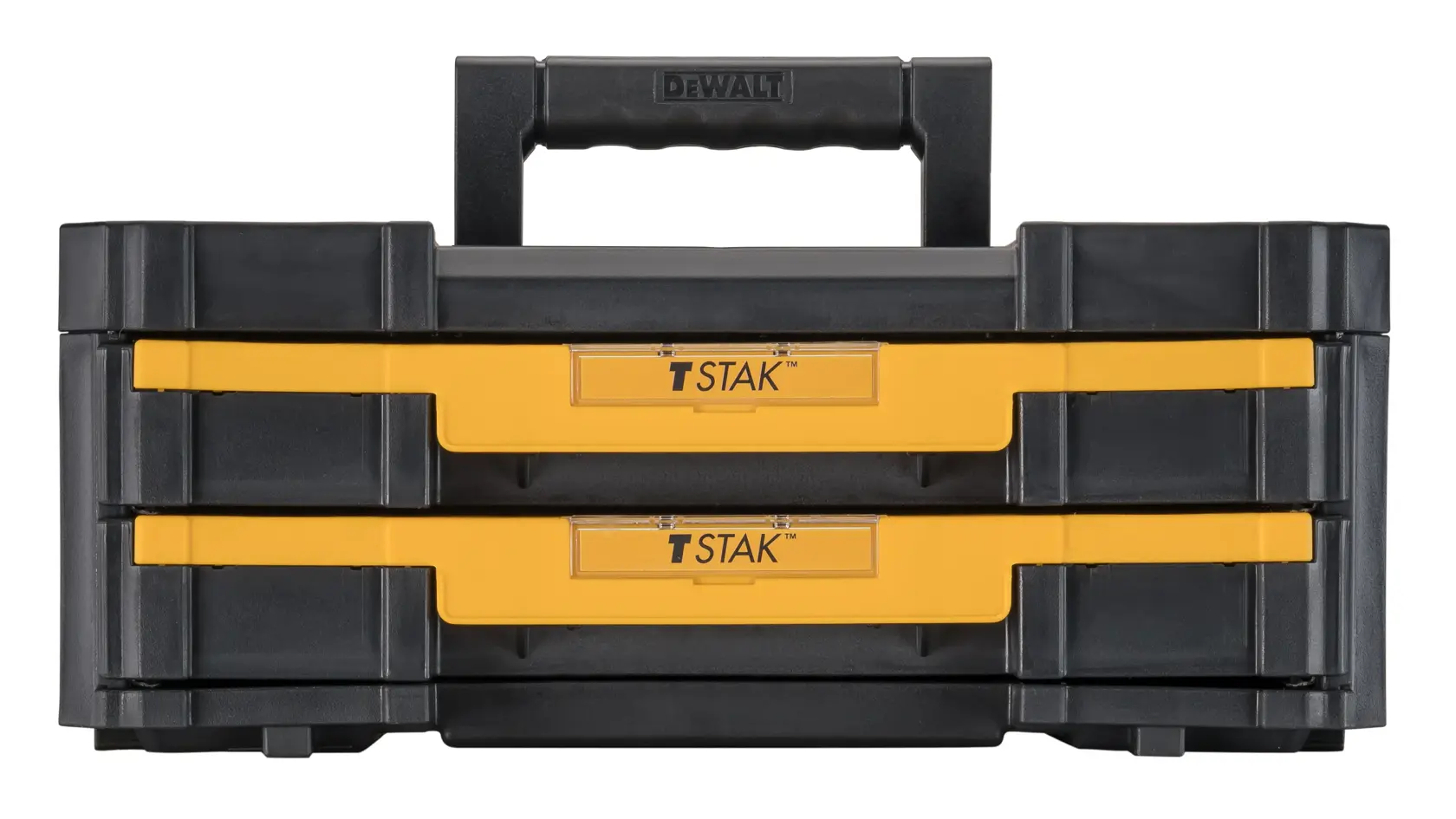 Front view of a DEWALT TSTAK tool organizer with two yellow drawers and a black handle, designed for portable storage and organization of tools and accessories.