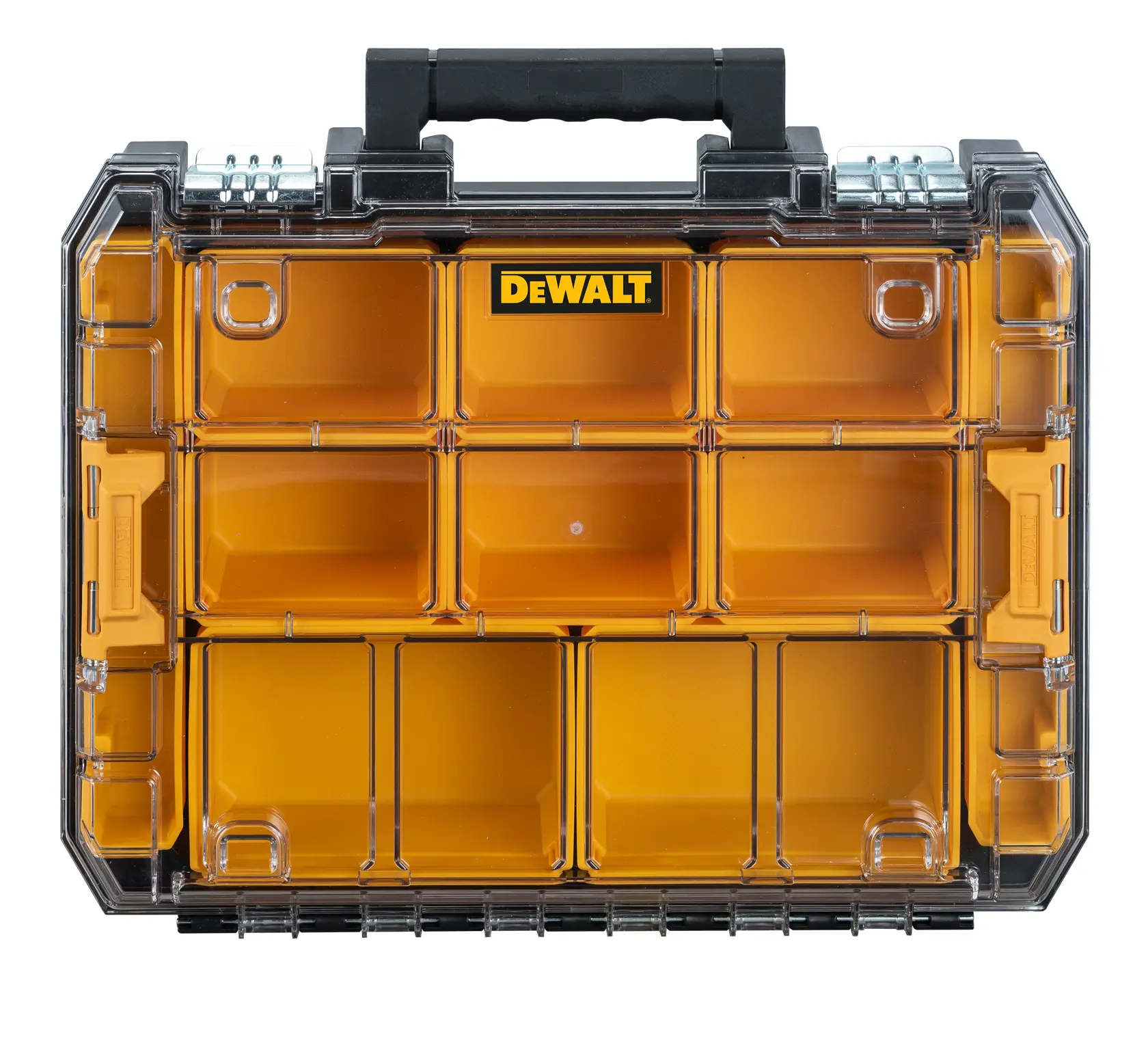 A DEWALT branded plastic organizer case with a transparent lid, featuring multiple yellow compartments for storing small items or tools. There is a black handle on top for carrying.