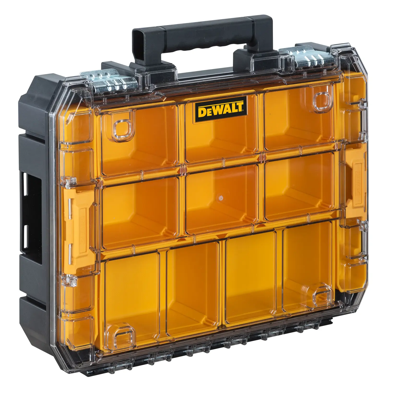 A DEWALT organizer toolbox with a transparent lid, showing multiple orange compartments for storing small tools and hardware. The box has a black handle and sturdy latches.