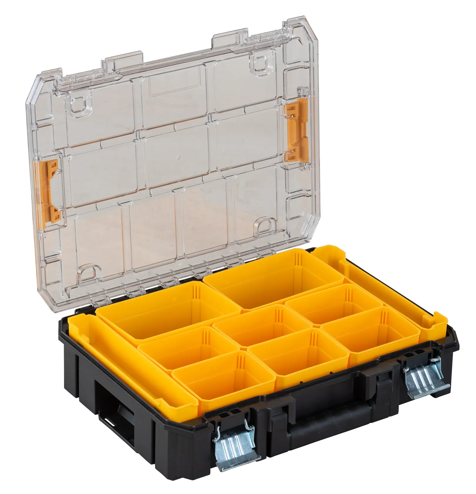 A DEWALT black and yellow plastic organizer box with an open transparent lid, showing multiple compartments for storing small parts.