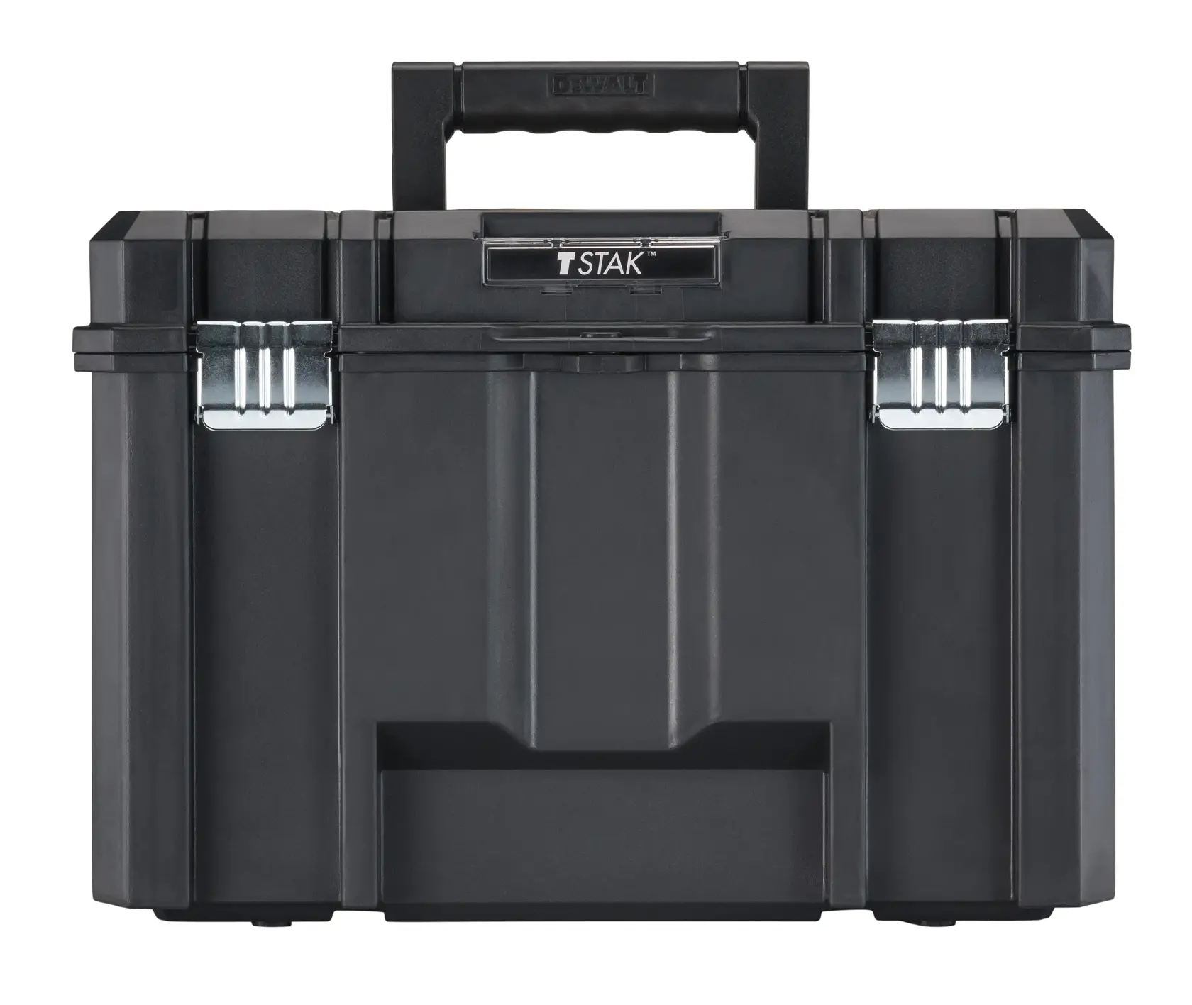 A black DEWALT TSTAK tool storage box with a sturdy handle and metal latches, shown from the front against a white background.