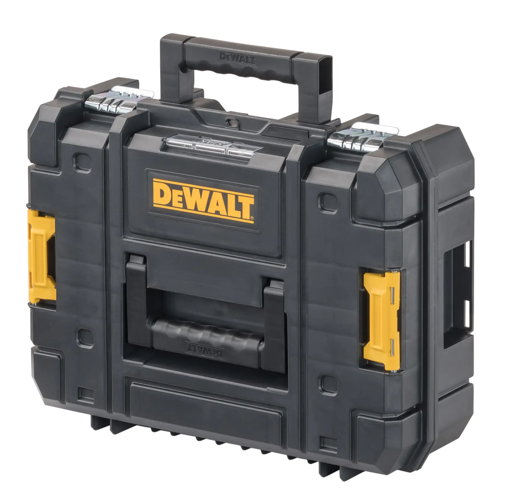 A black and yellow DEWALT branded hard plastic tool storage case with a sturdy handle, metal hinges, and side latches for secure closure.