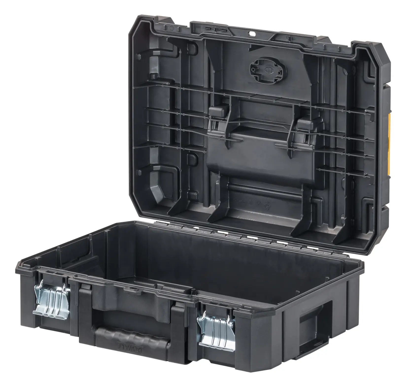 A black plastic tool case with metal latches, shown open and empty. The case has a sturdy handle and reinforced edges.