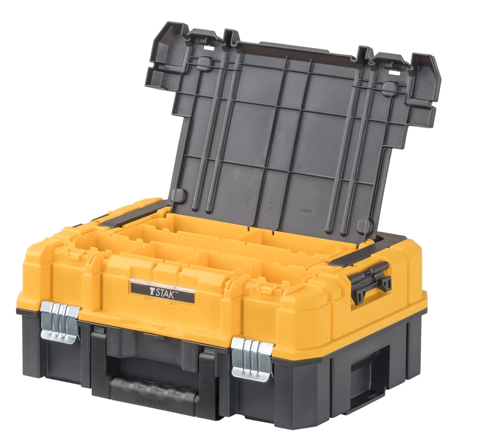 A yellow and black plastic tool storage box with the lid open, showing internal compartments. The box has a carry handle and metal latches, suitable for organizing tools and accessories.