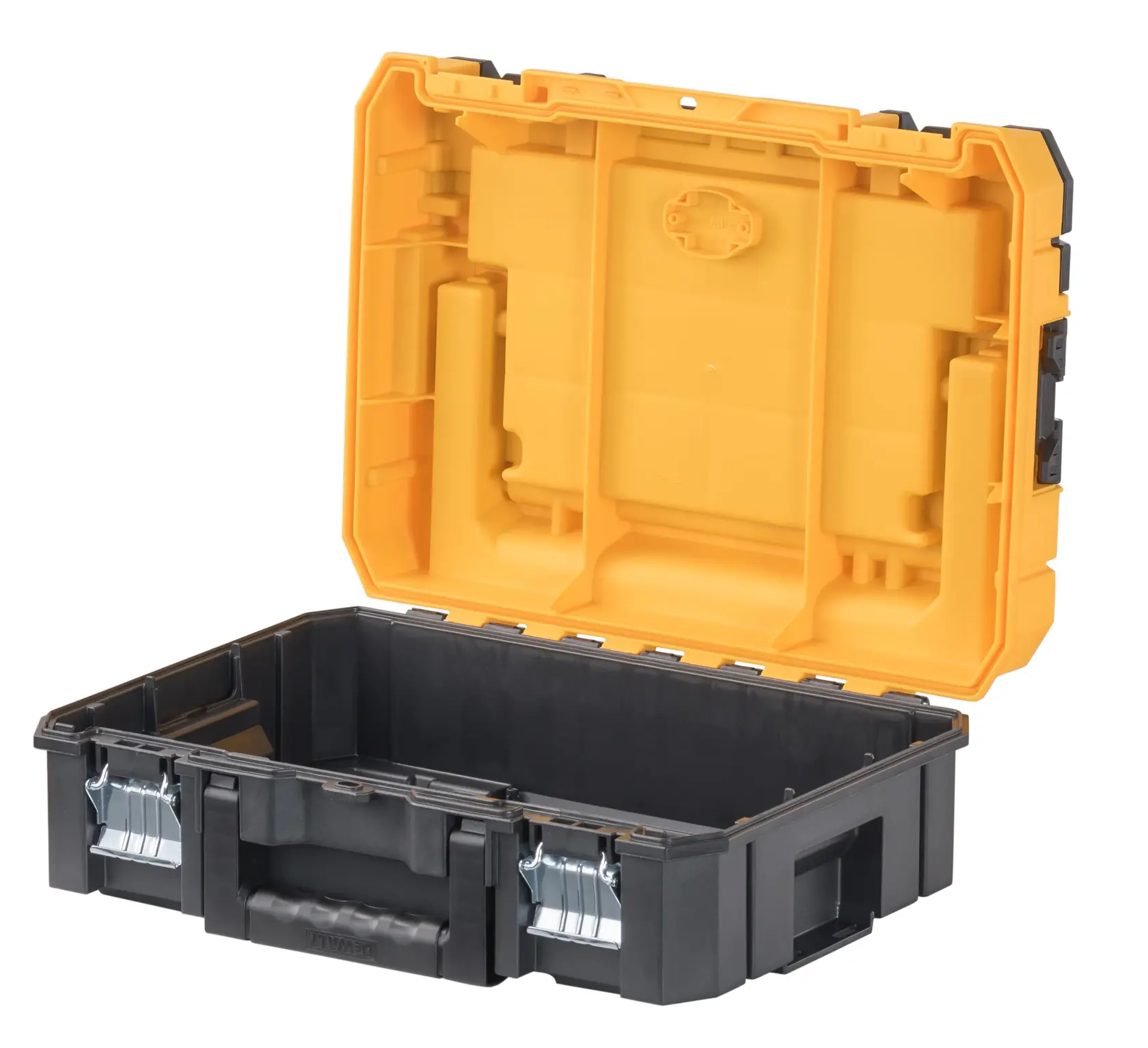 A black and yellow DEWALT plastic toolbox with the lid open, showing the empty main compartment and sturdy metal latches.