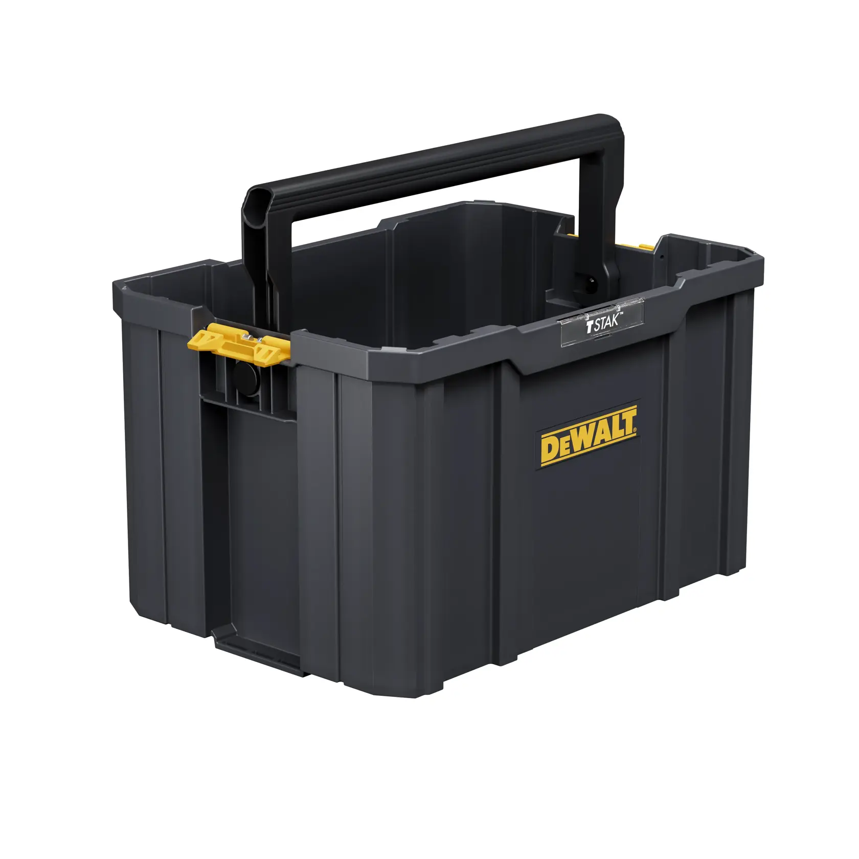 A DEWALT TSTAK deep tool box made of black plastic with yellow latches and a handle, designed for secure storage and transportation of tools.