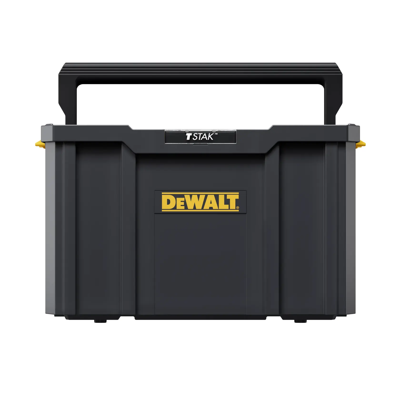 Front view of a DEWALT TSTAK black toolbox with a sturdy handle, yellow DEWALT logo, and yellow TSTAK label on the top.