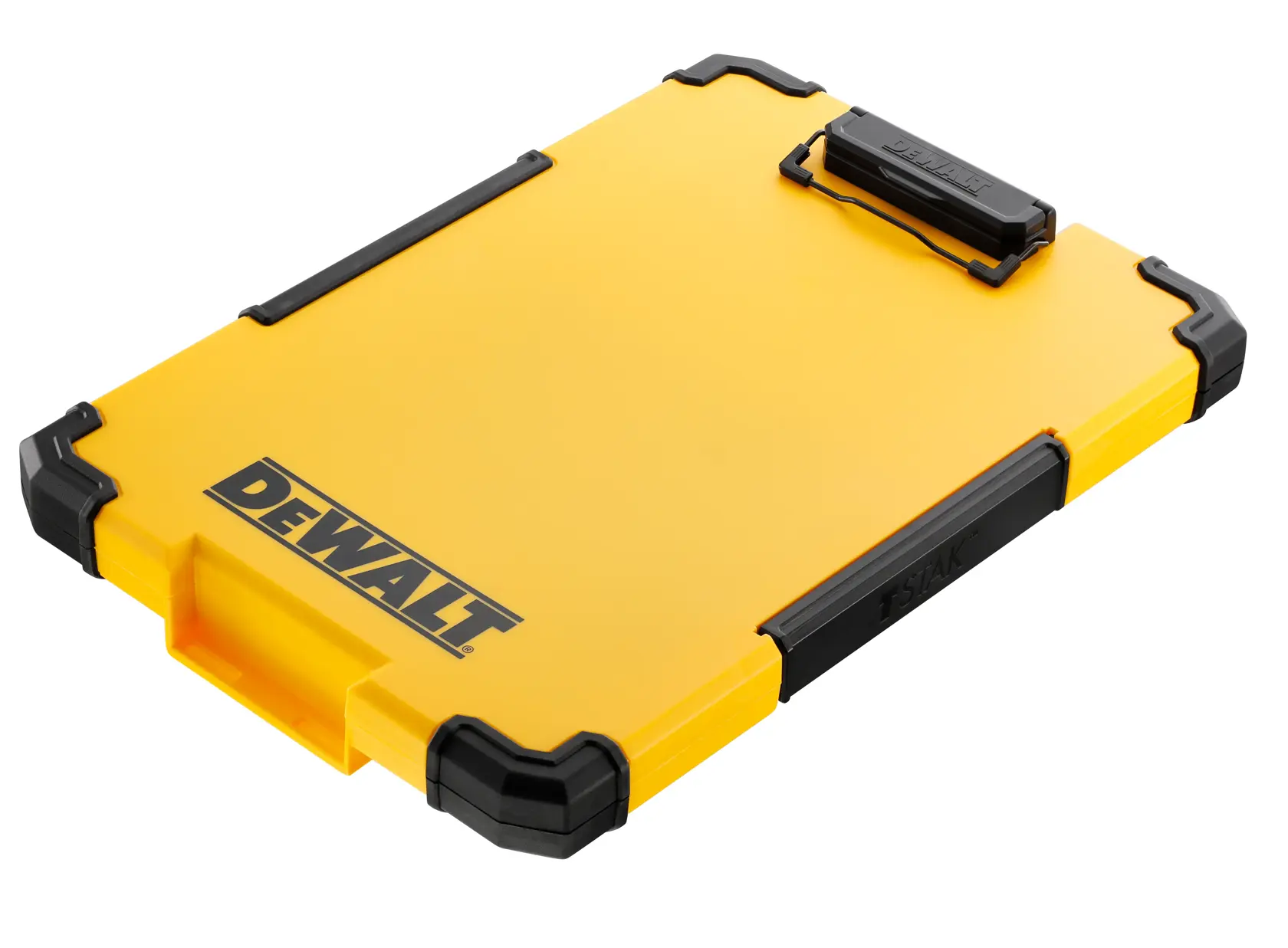 A yellow DEWALT TSTAK hard plastic case with black reinforced corners and a handle, designed for secure storage and transport of tools and accessories.