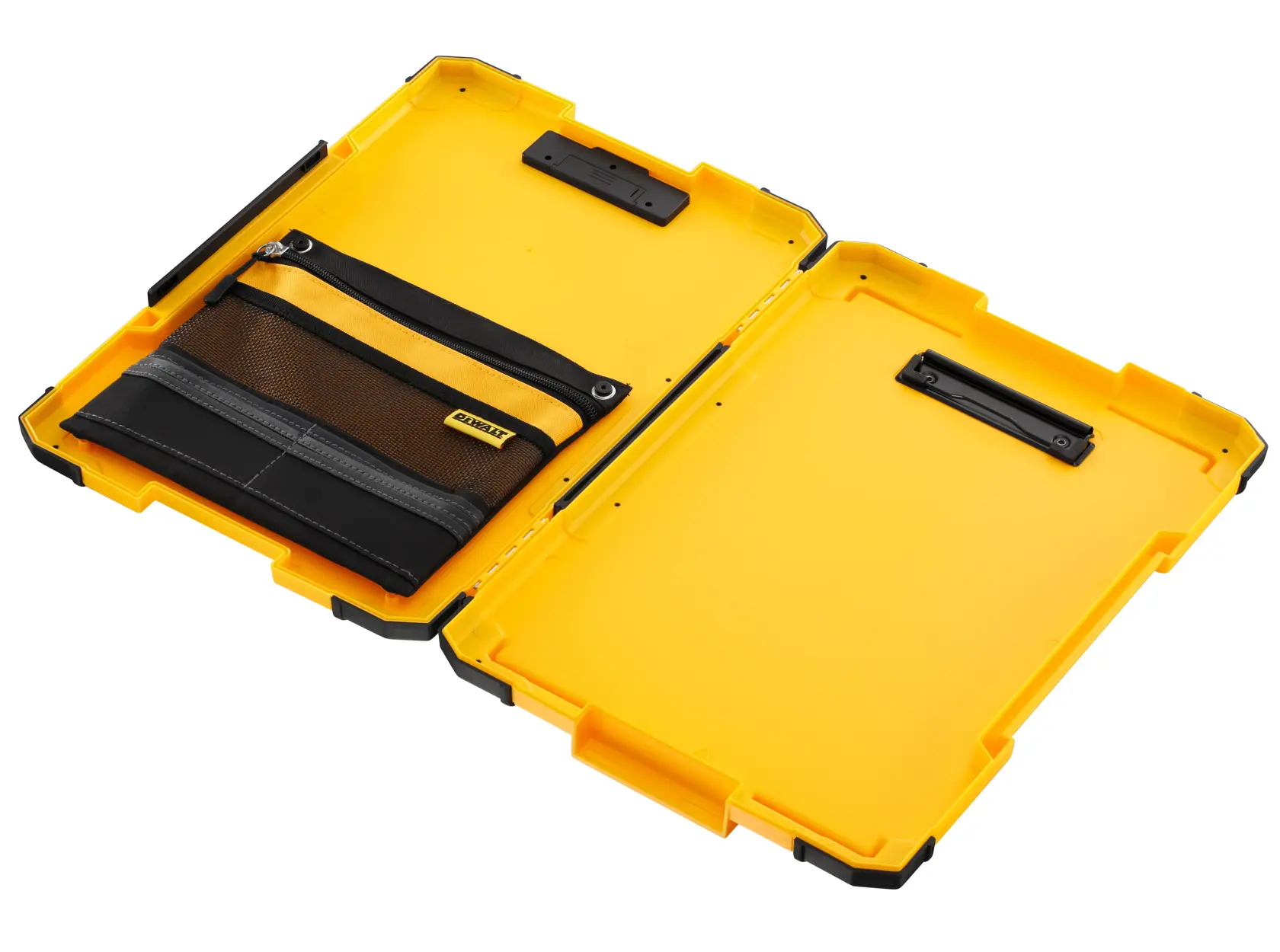 An open yellow DEWALT storage case with a mesh and fabric zippered pouch attached to the inside. The case has black reinforced corners and is empty except for the pouch.