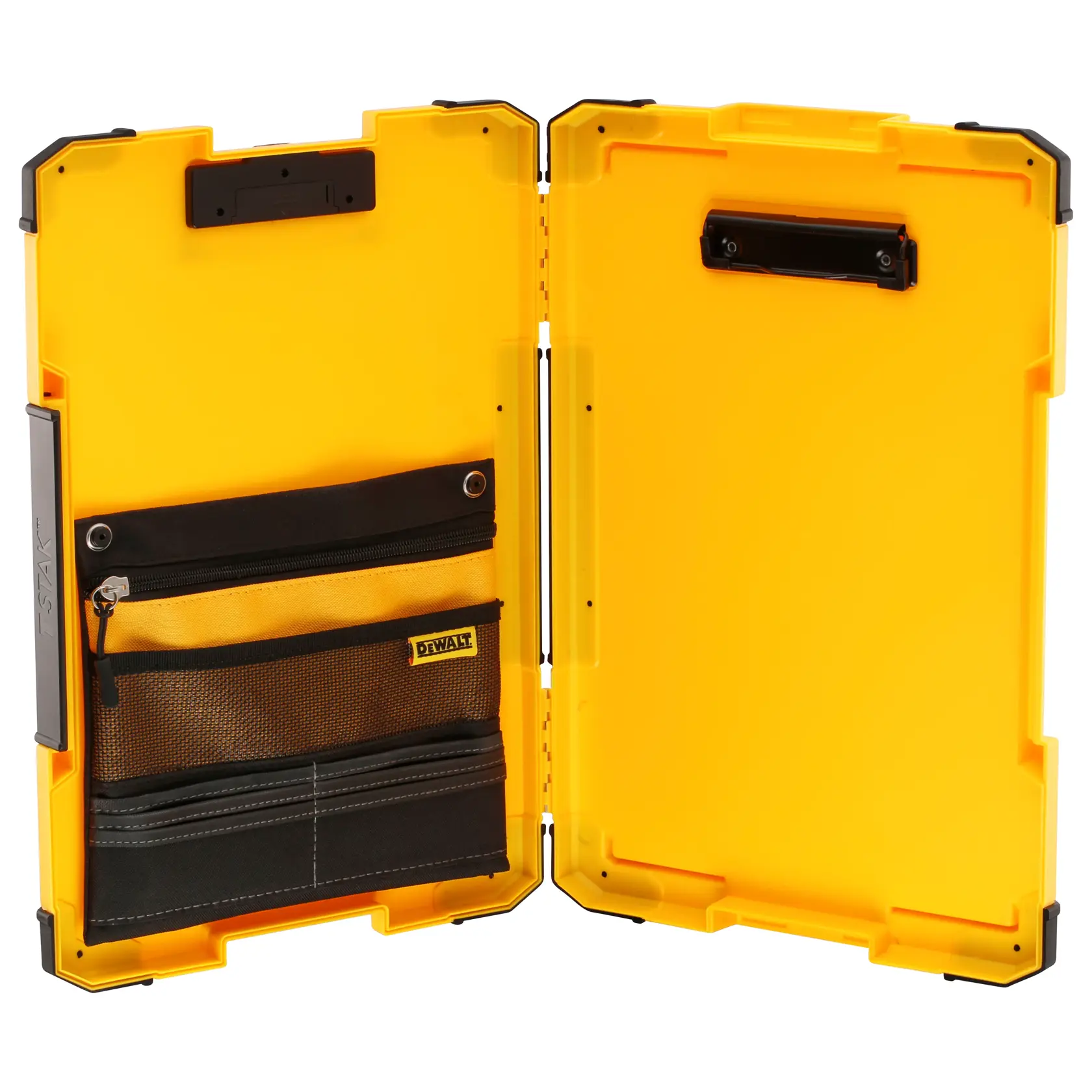 Open yellow DEWALT case, showing interior with black and yellow zippered pockets and compartments.