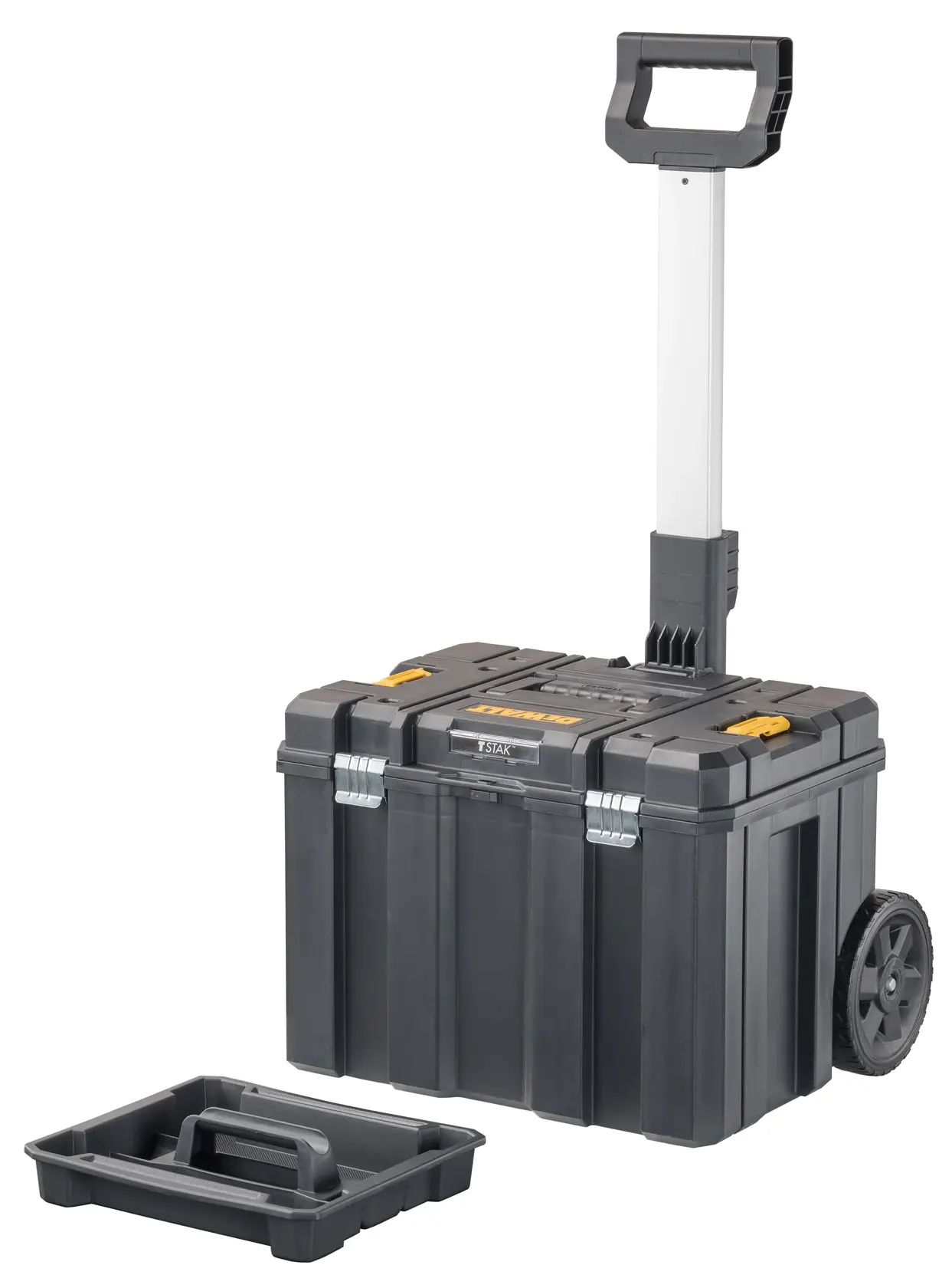A DEWALT rolling tool box with a telescoping handle and large wheels. An additional removable tray is placed in front of the box.