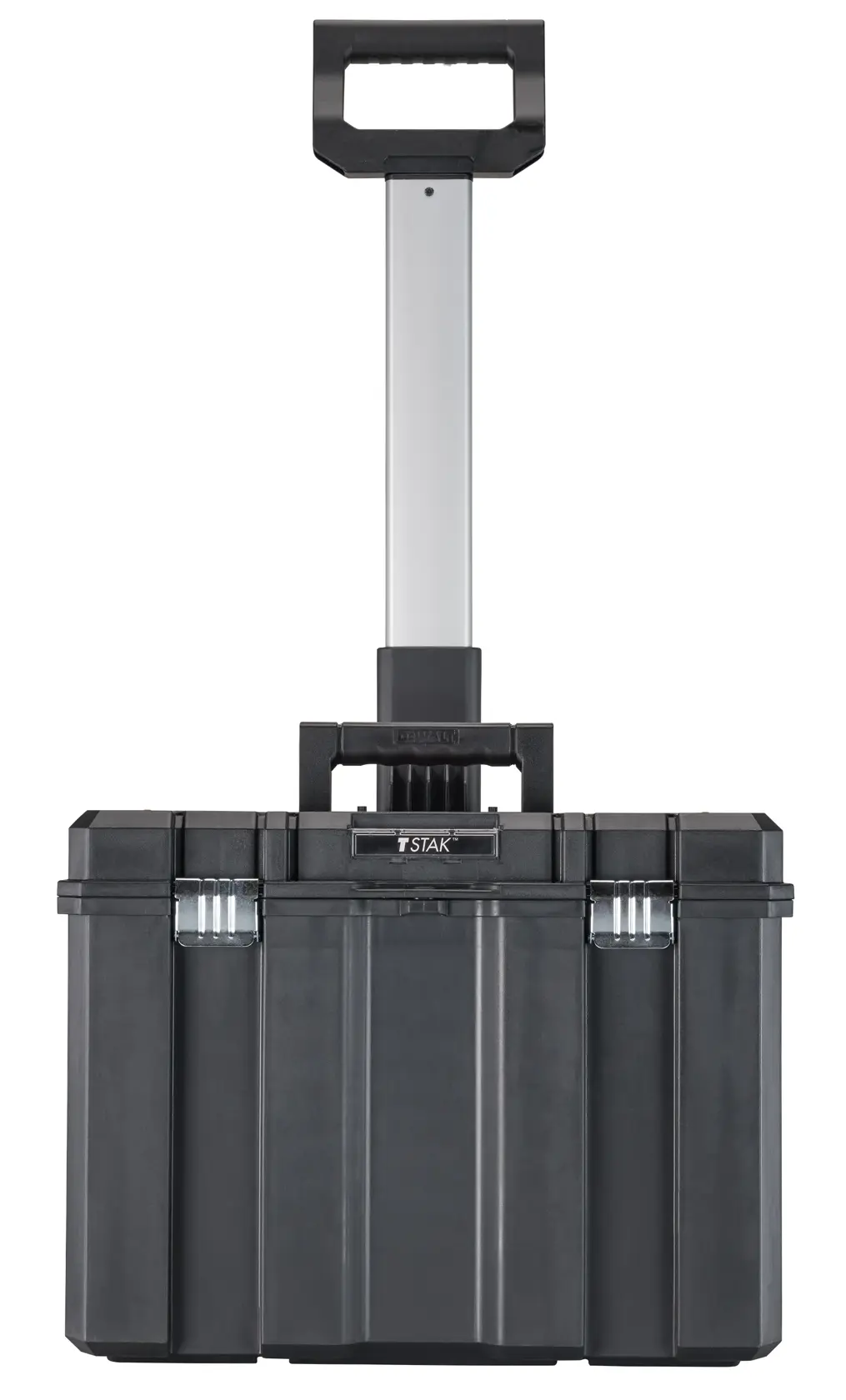 A black rolling tool box with a telescopic handle, shown from the front against a white background.