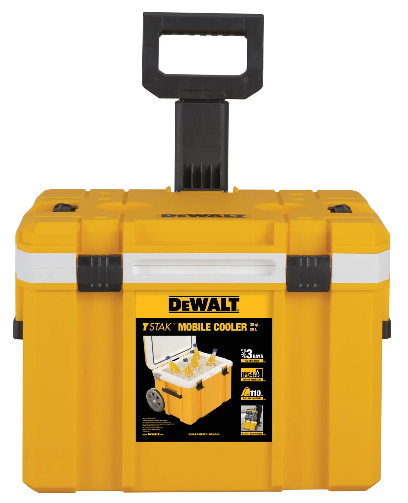 A yellow DEWALT T STAK mobile cooler with a black handle and wheels, designed for portability. The cooler features a front label displaying its key specifications, including capacity, cooling duration, and waterproof rating.