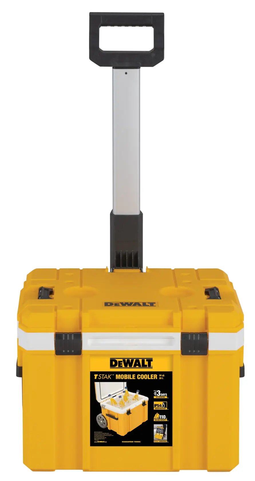 A yellow DEWALT TSTAK mobile cooler with a black and silver telescopic handle, shown front-facing. The cooler has a label detailing its features on the front.
