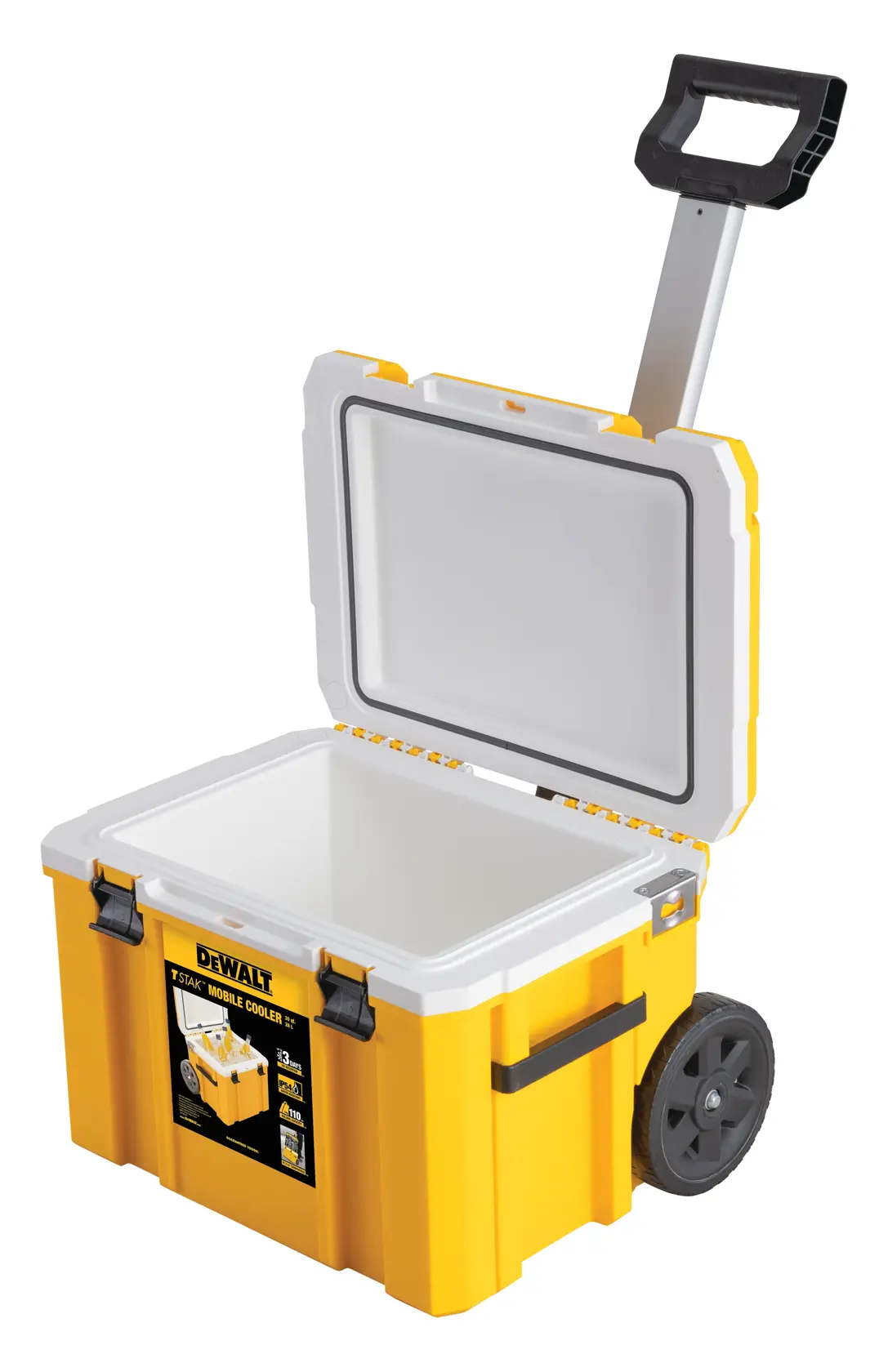 A DEWALT yellow mobile cooler with wheels and a handle, shown with the lid open.