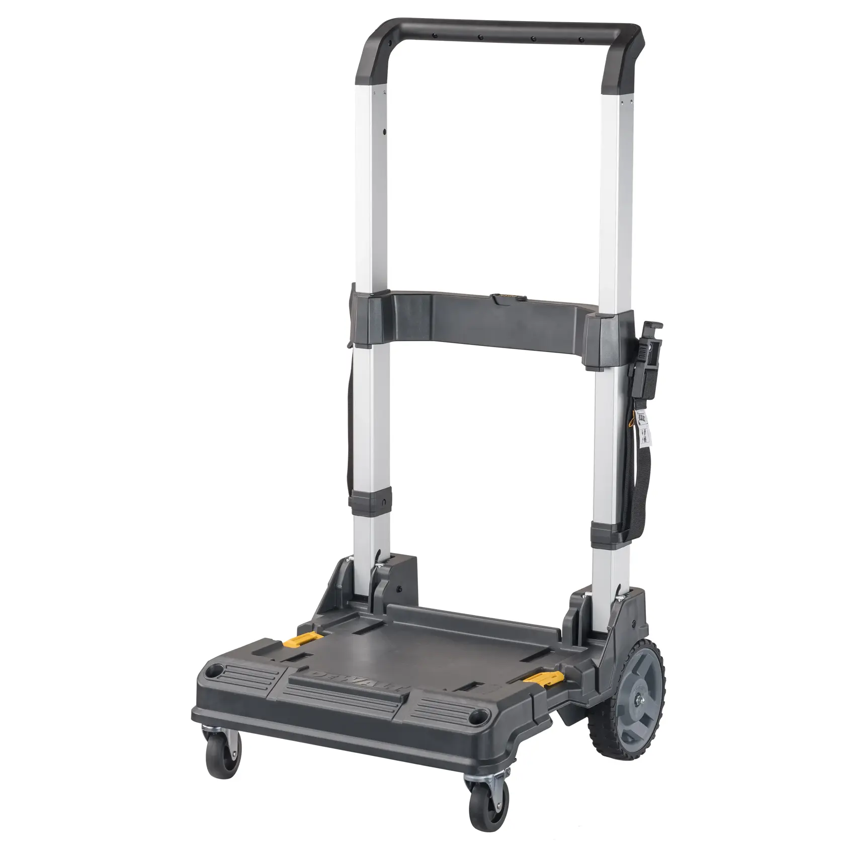 A DEWALT portable rolling cart with a sturdy base, telescopic handle, and wheels designed for easy transportation of tools or equipment.