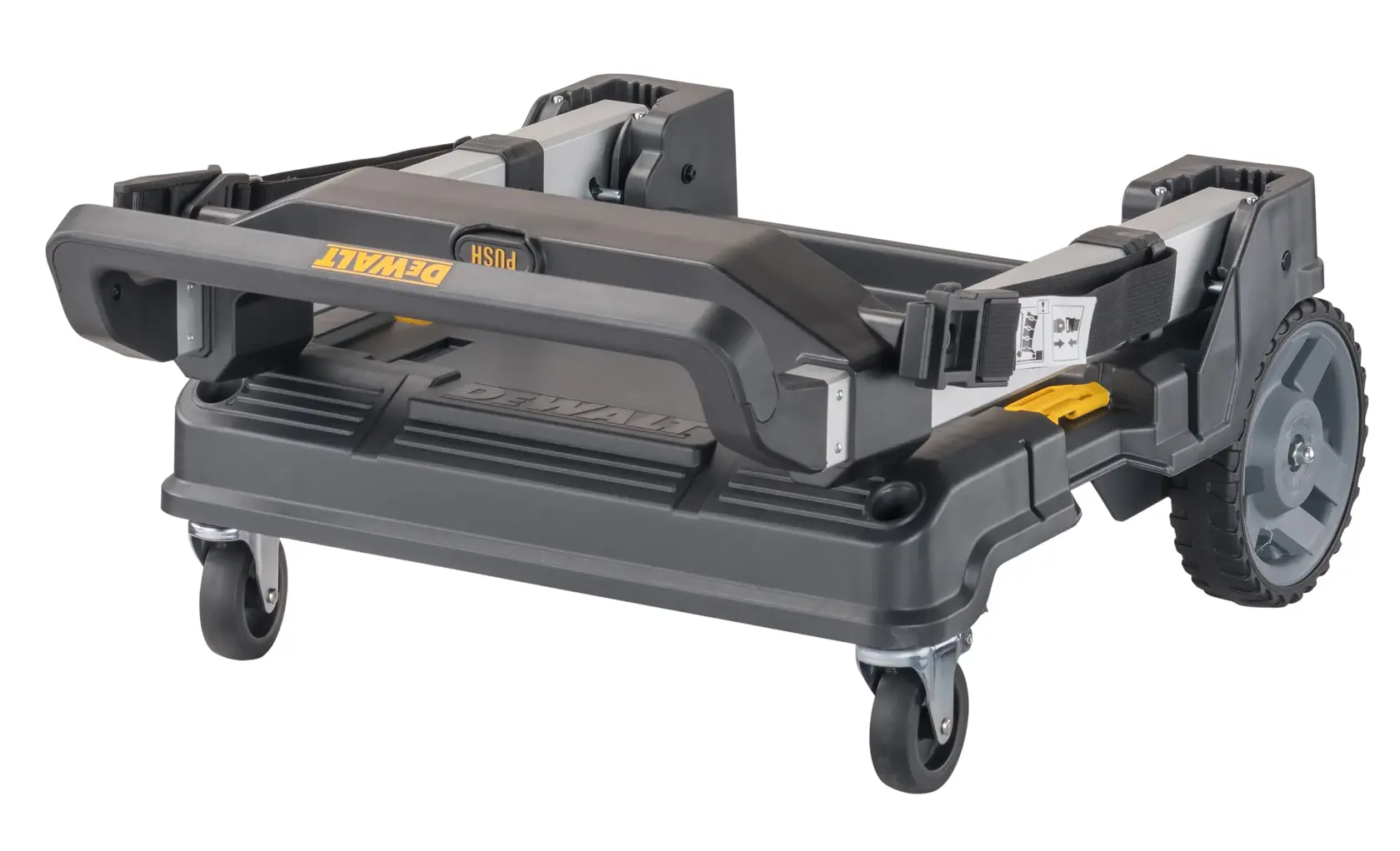 Folded DEWALT DWST17888 rolling trolley with large wheels and sturdy plastic frame, designed for transporting toolboxes and equipment.
