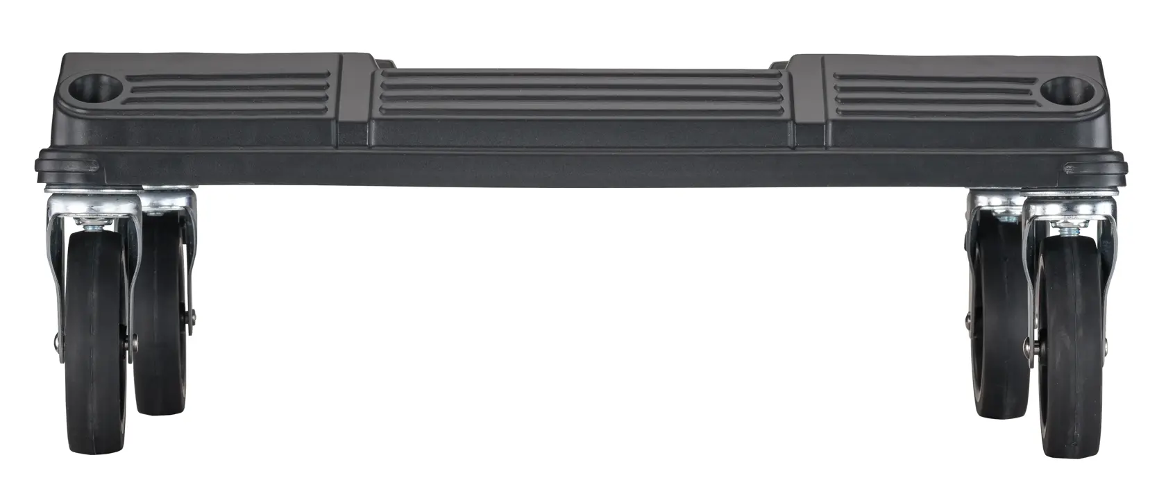 A black wheeled base platform accessory, designed for easy mobility, featuring sturdy metal casters and a ribbed surface.