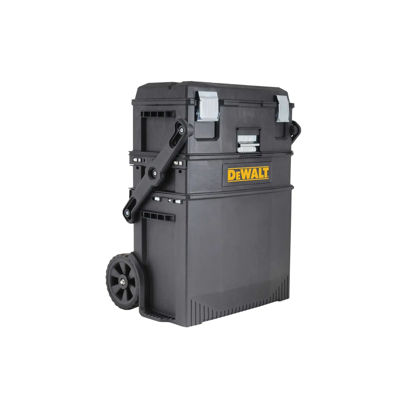 A black DEWALT rolling toolbox with multiple compartments, silver latches, and wheels for easy transport.